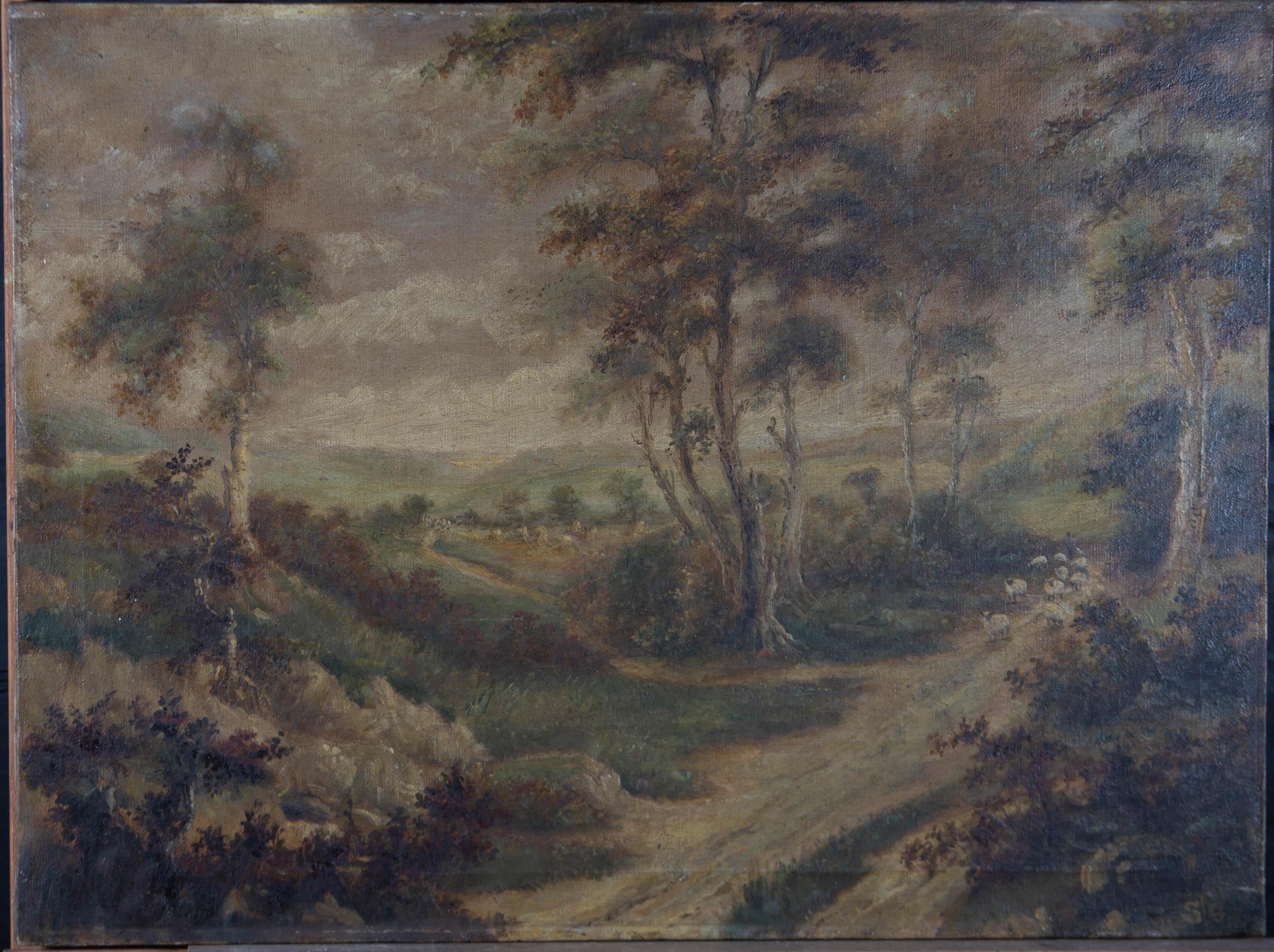 S.T.G. - Late 19th Century Oil, Rural Path with Shepherd and Sheep 1