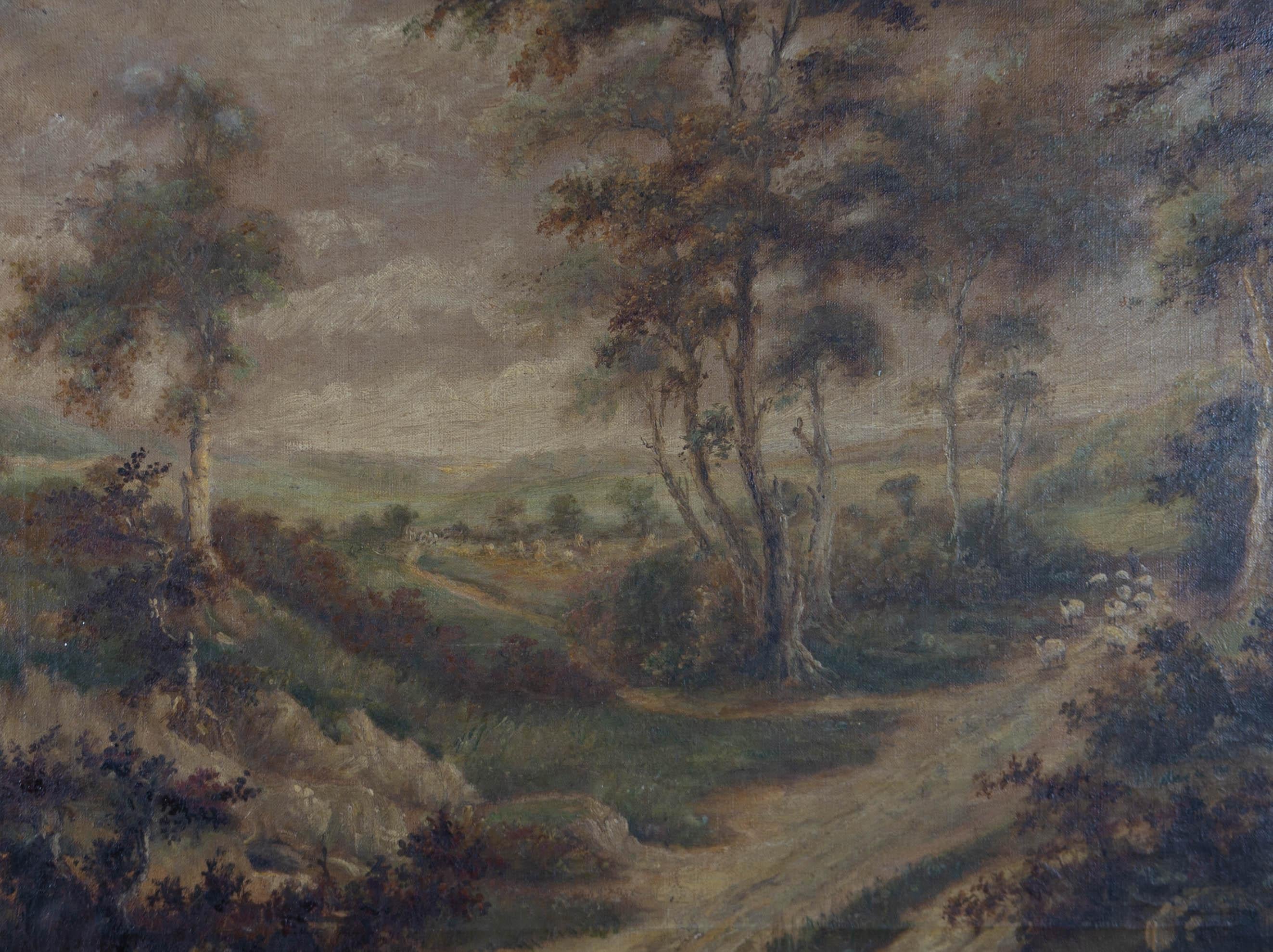 A charming oil painting, depicting a rural landscape view with a shepherd and his sheep on a path. Monogrammed to the lower right-hand corner. On canvas on stretchers.
