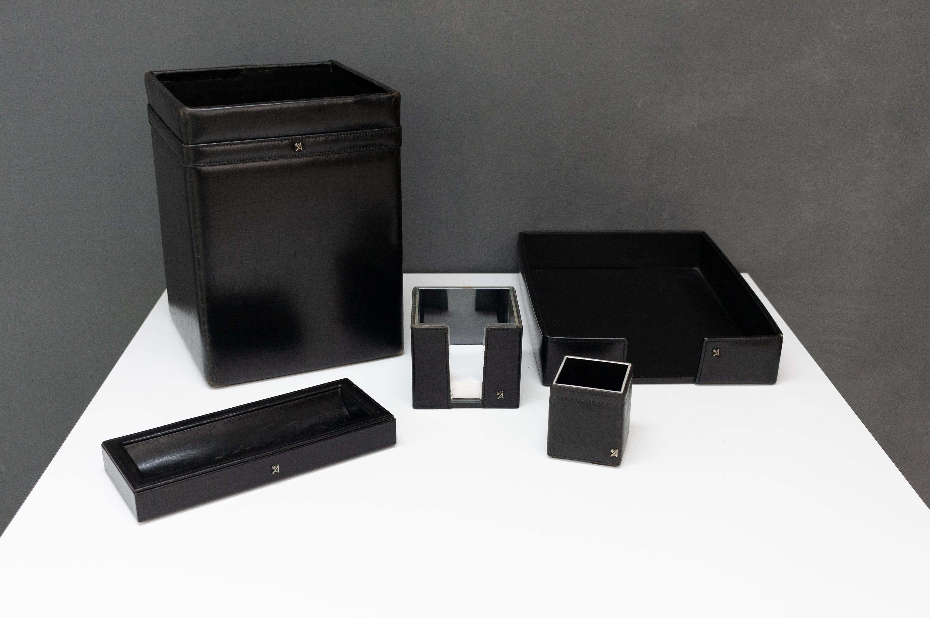 Mid-Century Modern Stich Black Leather Desk Set, 1970s