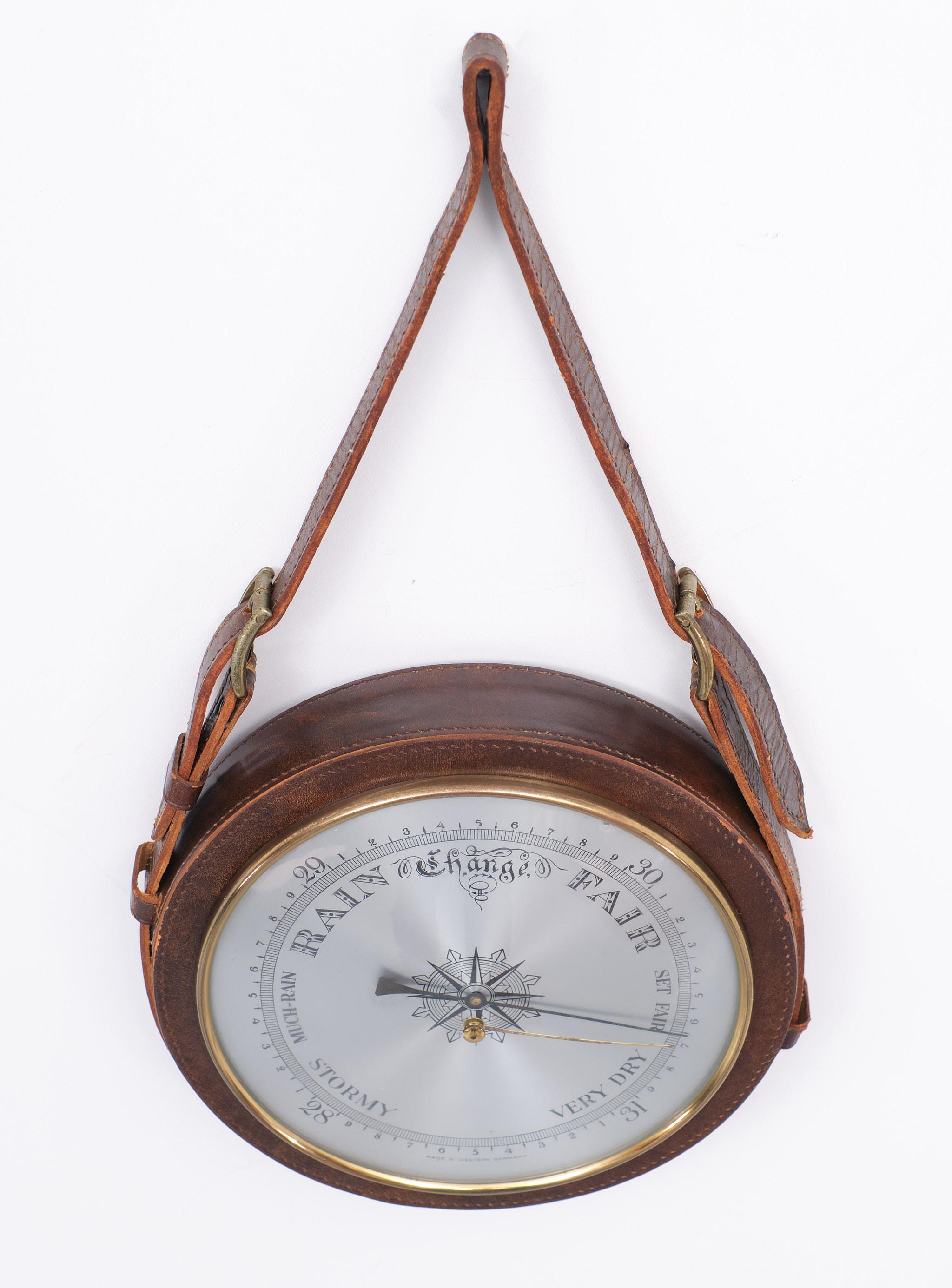 Mid-Century Modern Stich Leather Hanging Barometer Westen, Germany, 1960s For Sale