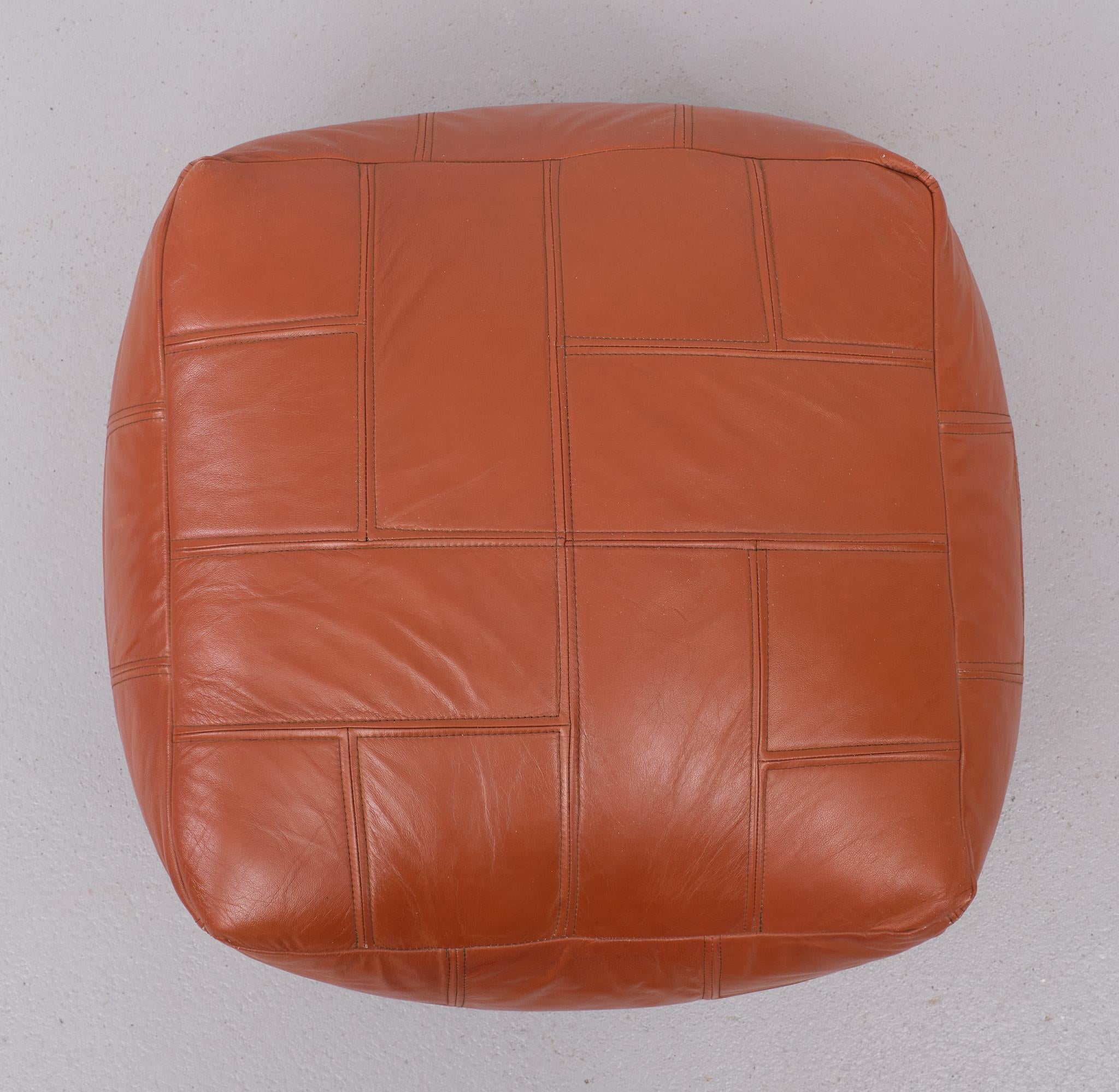Swiss Stich Leather Pouf  Cognac Color 1970s 