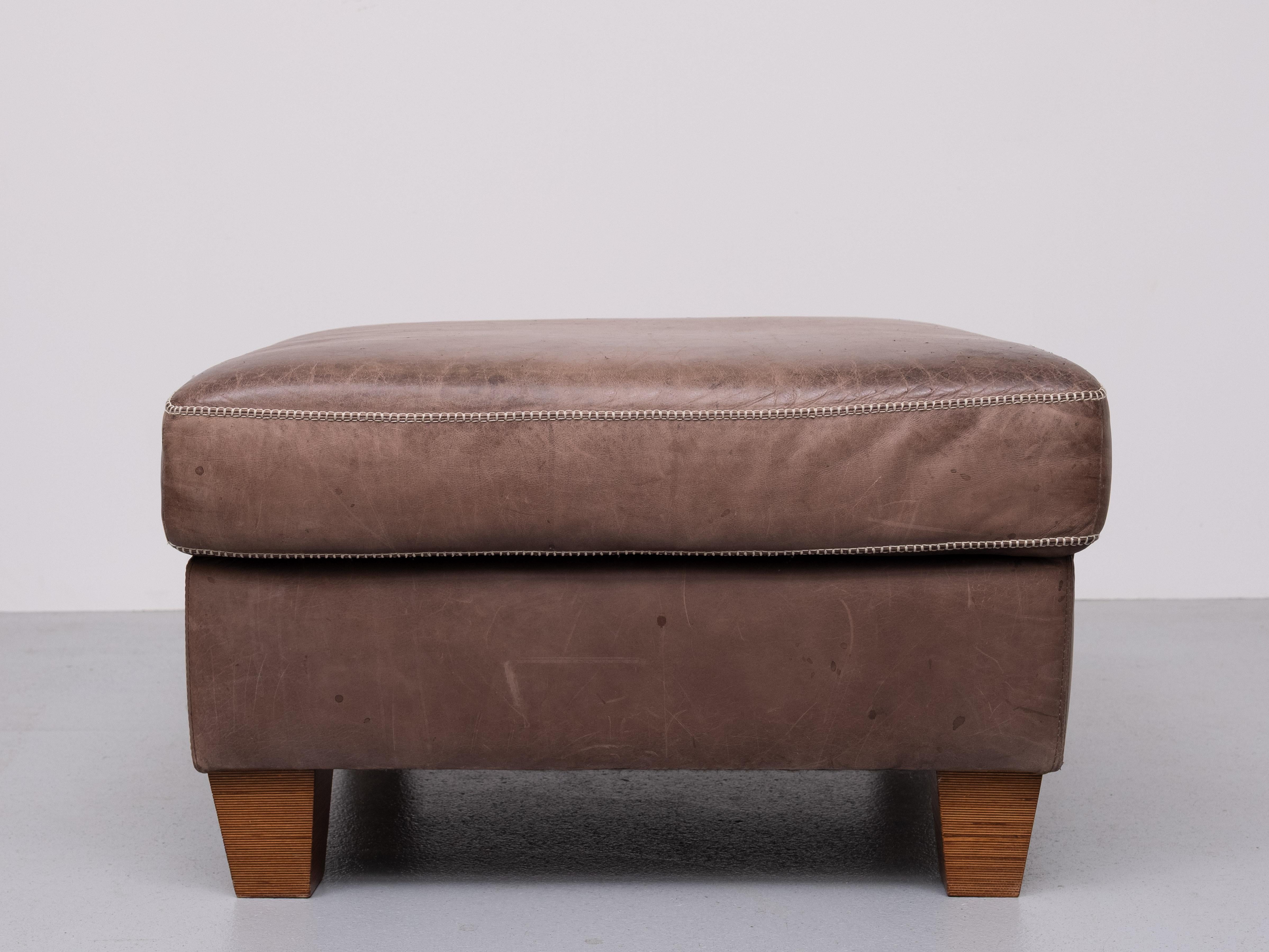 European Stich Leather Pouf or Ottoman 1970s For Sale