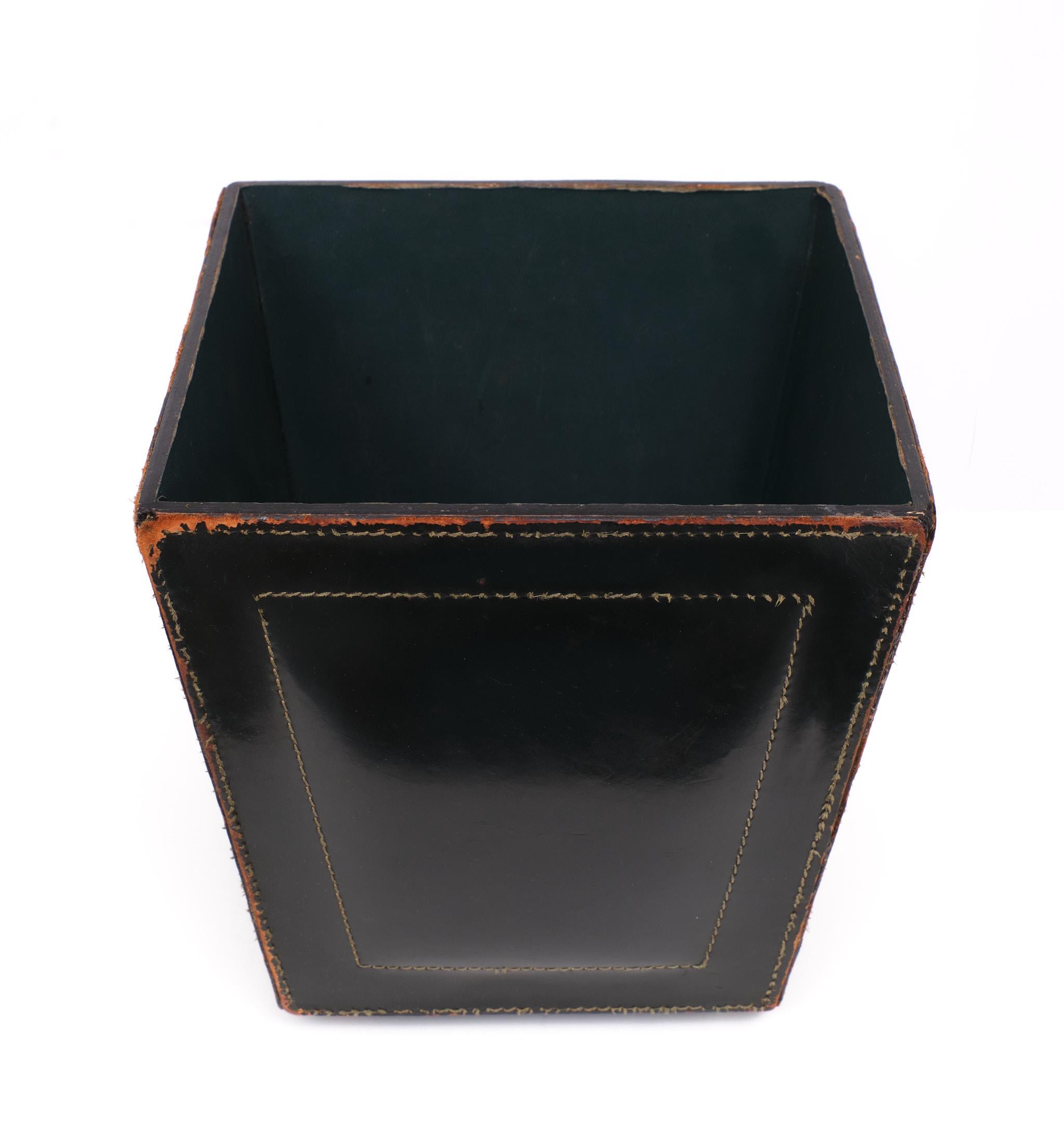 Mid-Century Modern Stich Leather waste basket attrib Jacques Adnet   1950s France  For Sale
