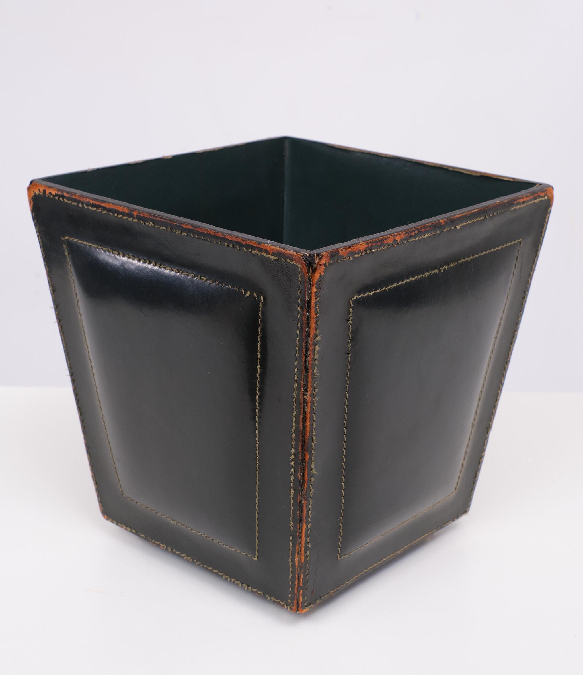 French Stich Leather waste basket attrib Jacques Adnet   1950s France  For Sale