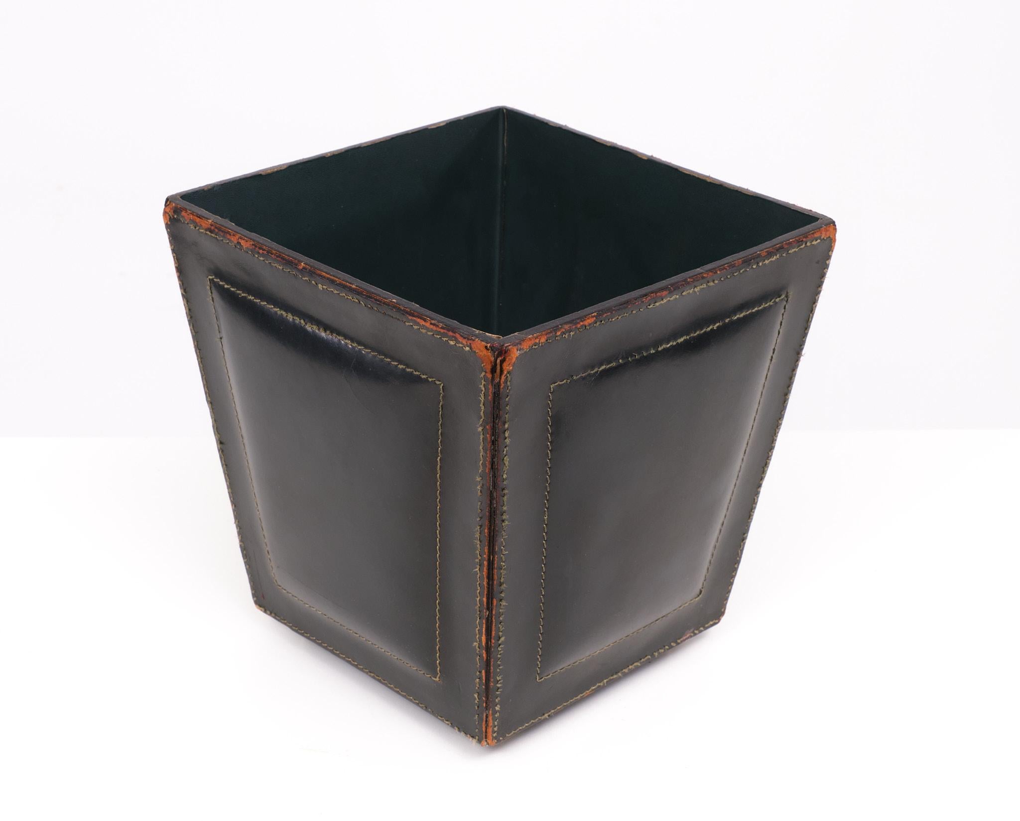 Mid-20th Century Stich Leather waste basket attrib Jacques Adnet   1950s France  For Sale