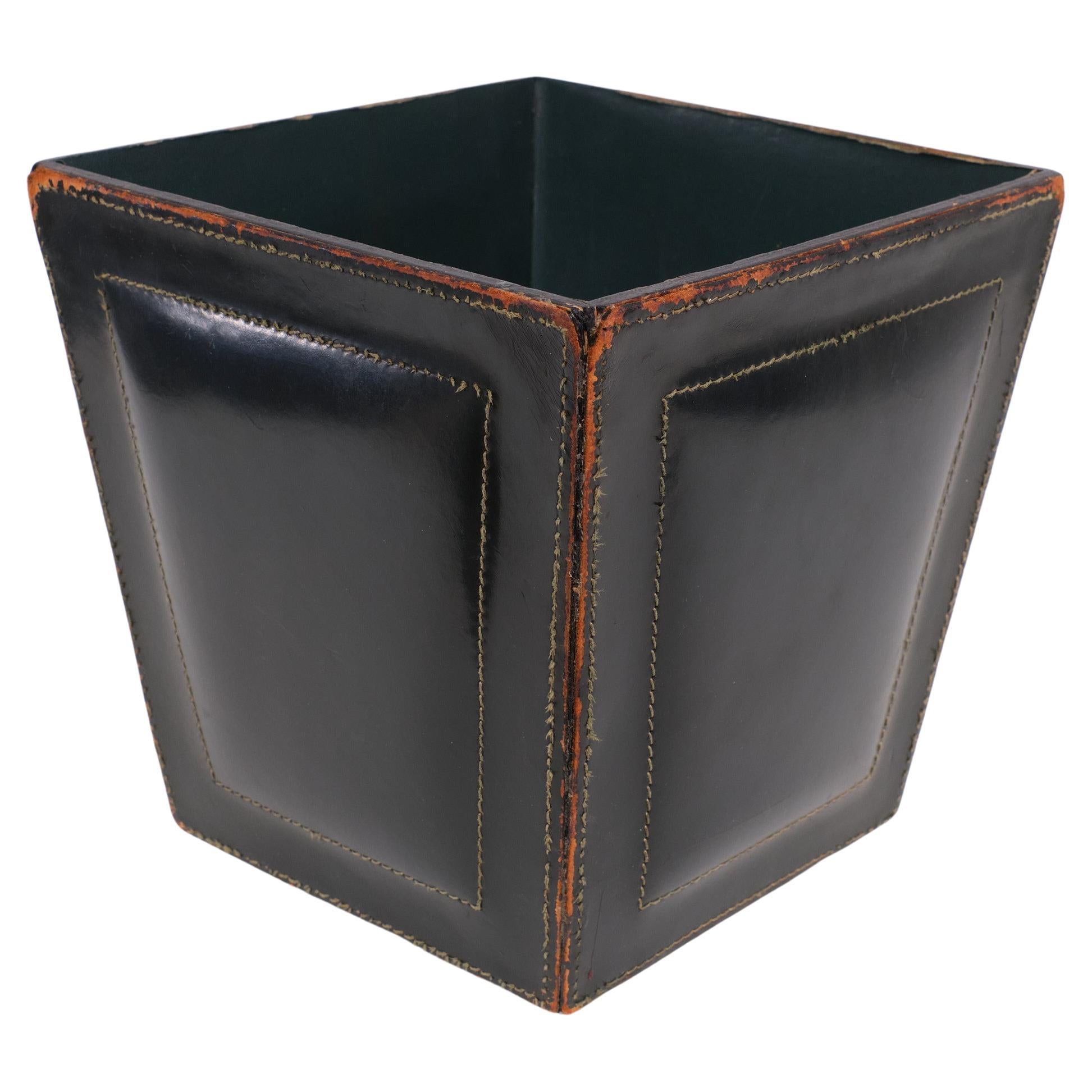 Stich Leather waste basket attrib Jacques Adnet   1950s France  For Sale