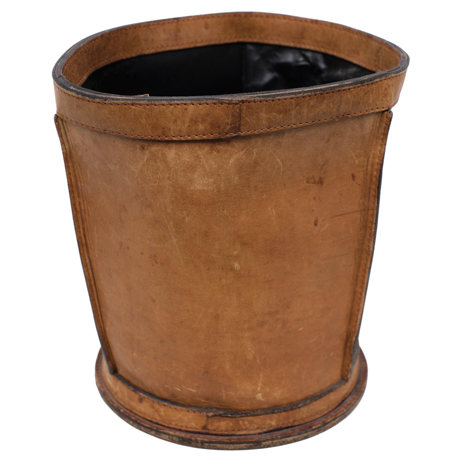 Stich Leather Waste Basket  Jacques Adnet style 1970s