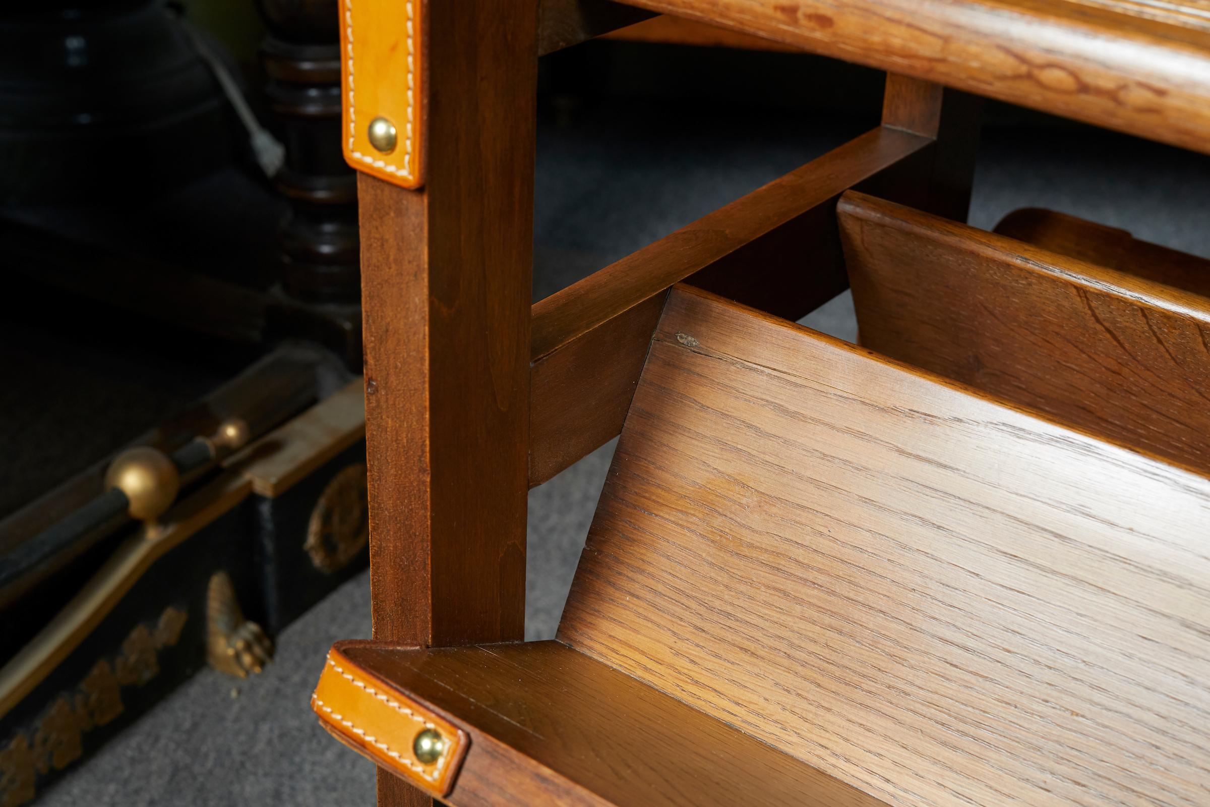 Stiched Leather and Oak Book Case Rack by Jacques Adnet 3