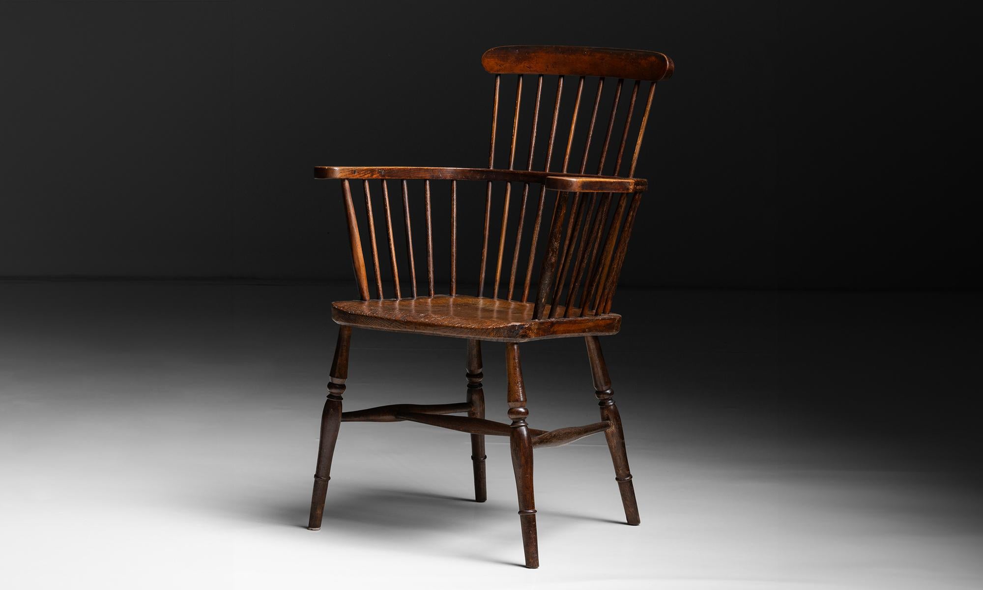 Stick Back Armchair

England, circa 1890

Spindle back chair with slab seat, turned legs, and original stain.

Measures 24.5”w x 23”d x 39.25”h x 18” seat