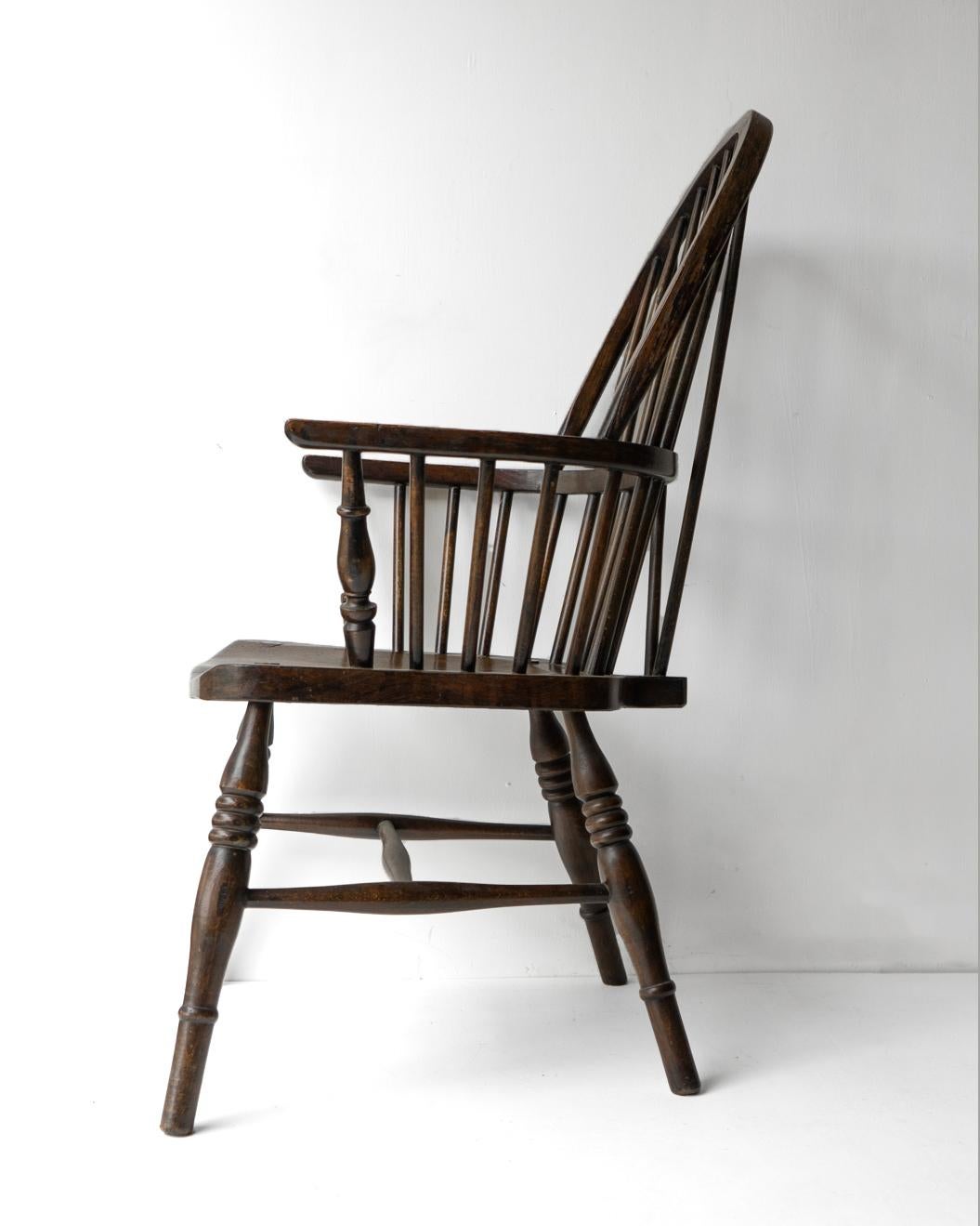 British Stick Back Ash & Elm Windsor Chair, Antique Rustic Country Made Carver Armchair