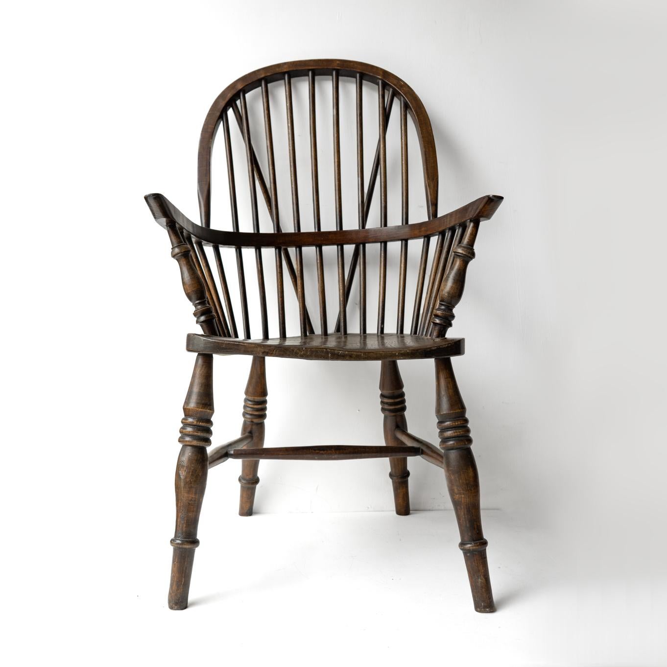 Carved STICK BACK ASH & ELM WINDSOR CHAIR, Antique Rustic Country Made Carver armchair