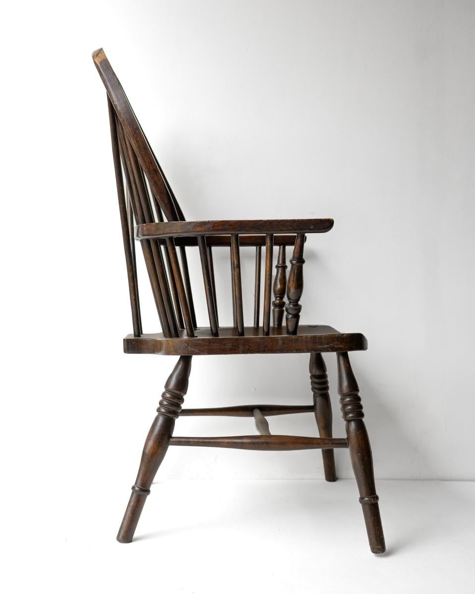 Carved Stick Back Ash & Elm Windsor Chair, Antique Rustic Country Made Carver Armchair