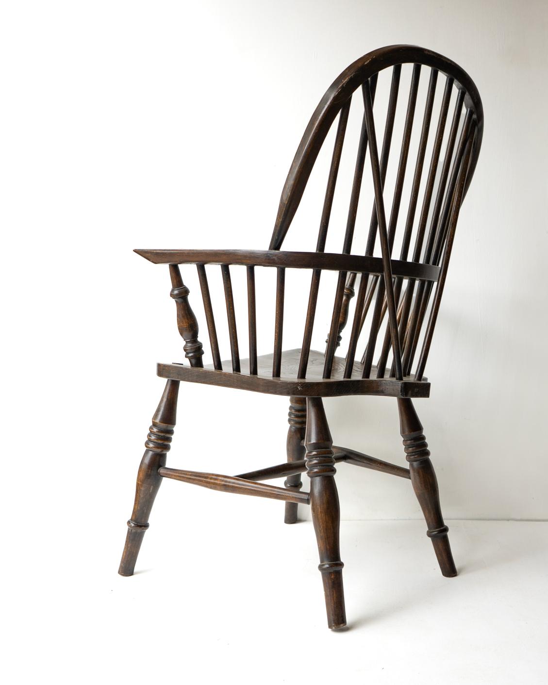 Wood STICK BACK ASH & ELM WINDSOR CHAIR, Antique Rustic Country Made Carver armchair