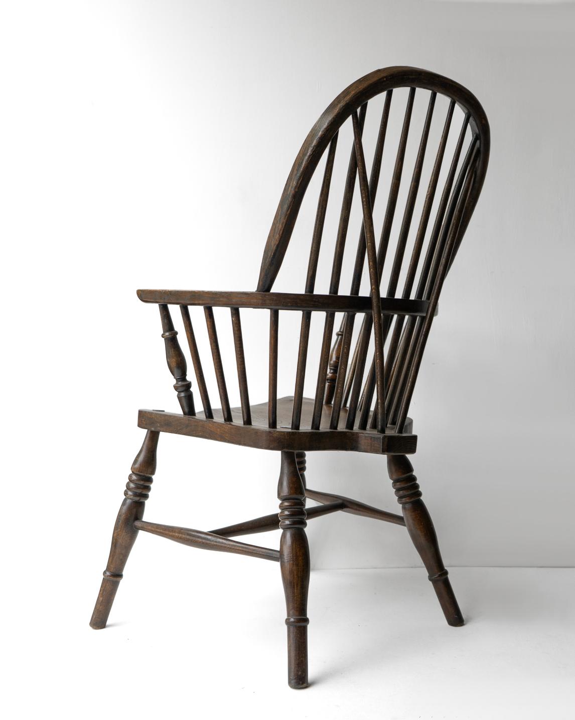 Wood Stick Back Ash & Elm Windsor Chair, Antique Rustic Country Made Carver Armchair