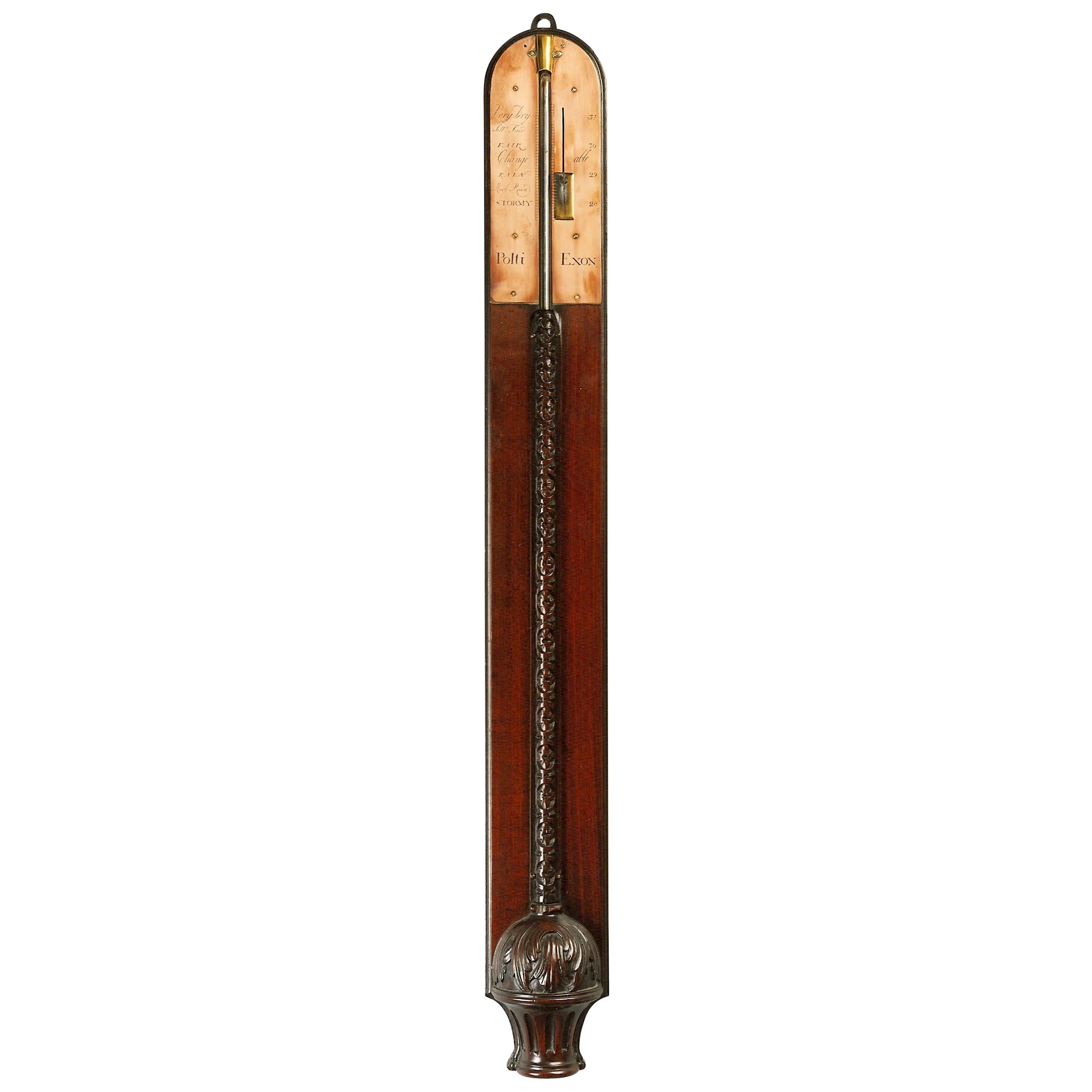 English Antique George II Mahogany Stick Barometer by Polti of Exeter For Sale