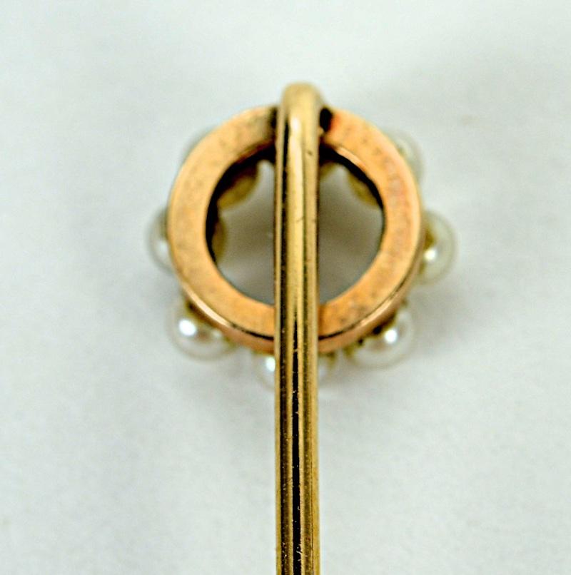 Late Victorian Stick Pin Set with 8 Seed Pearls in 14 Karat Yellow Gold, circa 1880