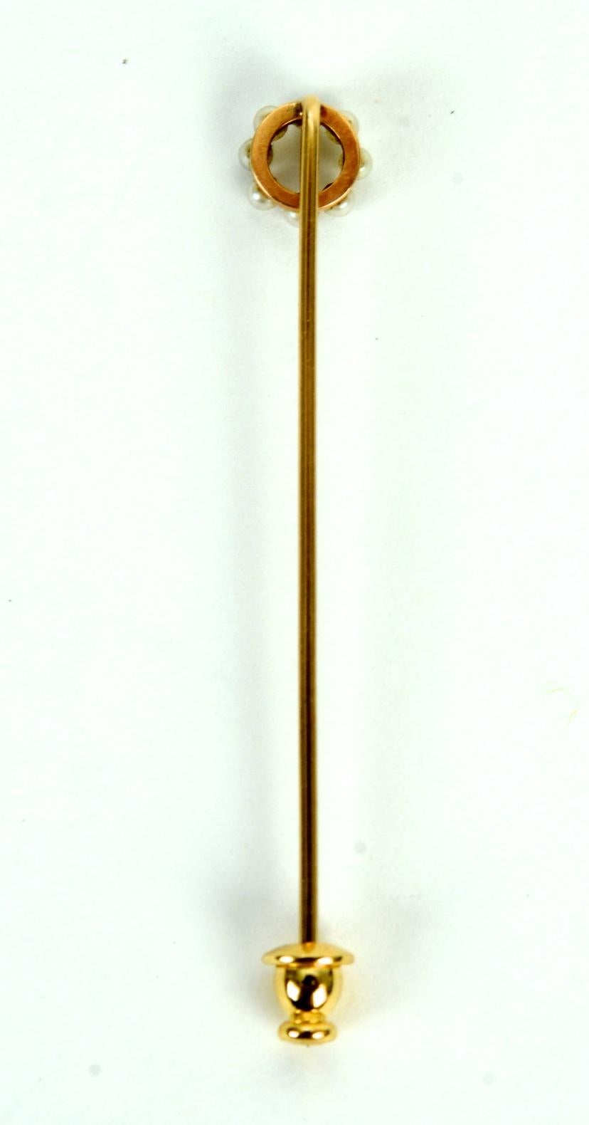 Stick Pin Set with 8 Seed Pearls in 14 Karat Yellow Gold, circa 1880 In Excellent Condition In valatie, NY