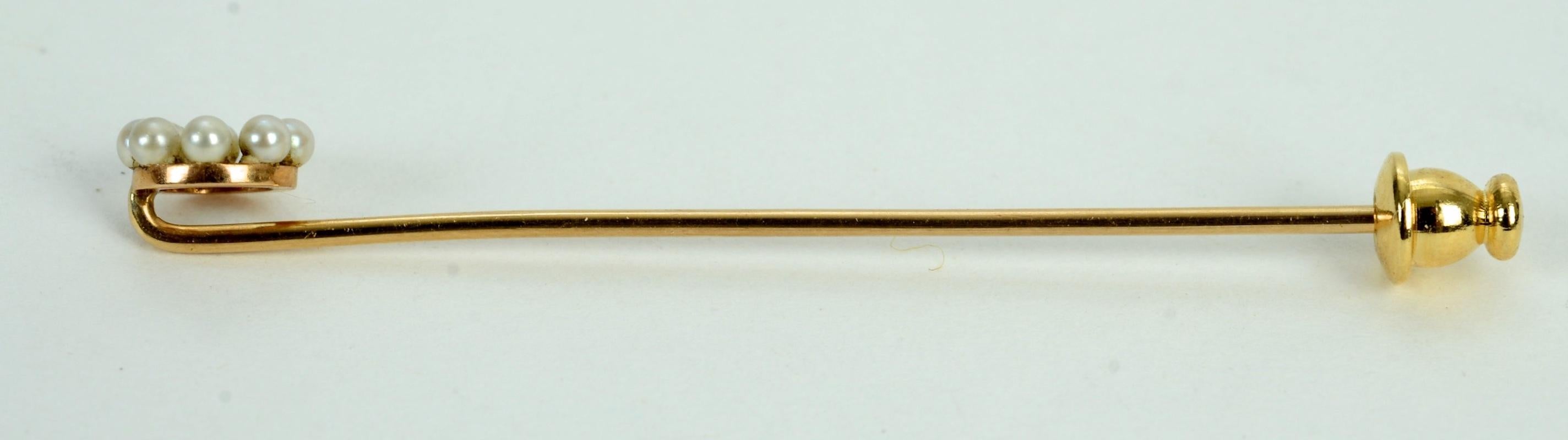 Women's Stick Pin Set with 8 Seed Pearls in 14 Karat Yellow Gold, circa 1880