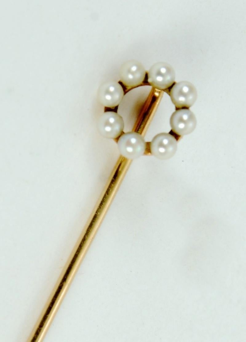 Stick Pin Set With 8 Seed Pearls in 14KT Yellow Gold c1880.
N.P. Trent has been a respected name in antiques for over 30 years with a large collection of antique and vintage jewelry.