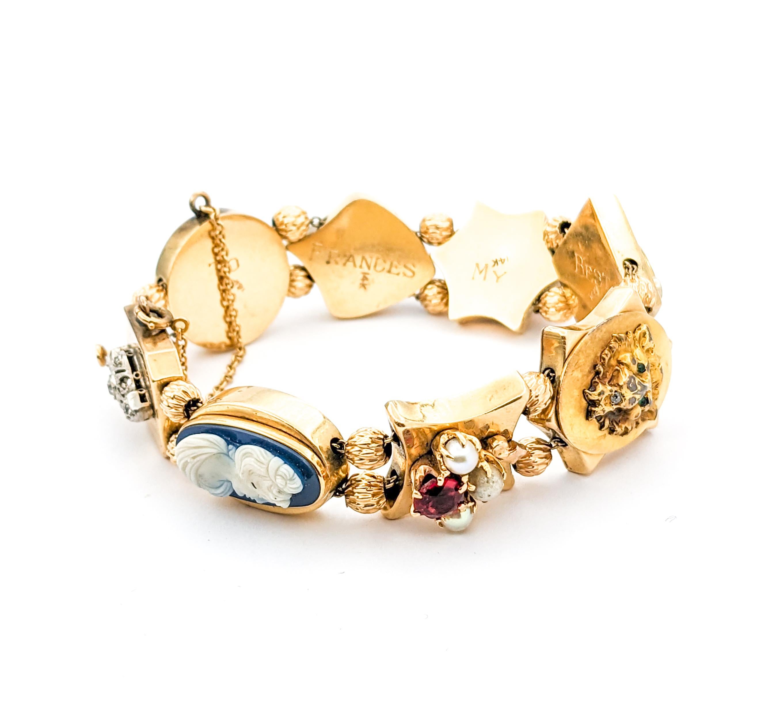 Armband aus Gelbgold mit Diamanten, Smaragden, Rubinen und Perlen-Edelsteinen an der Pin Slide im Angebot 6