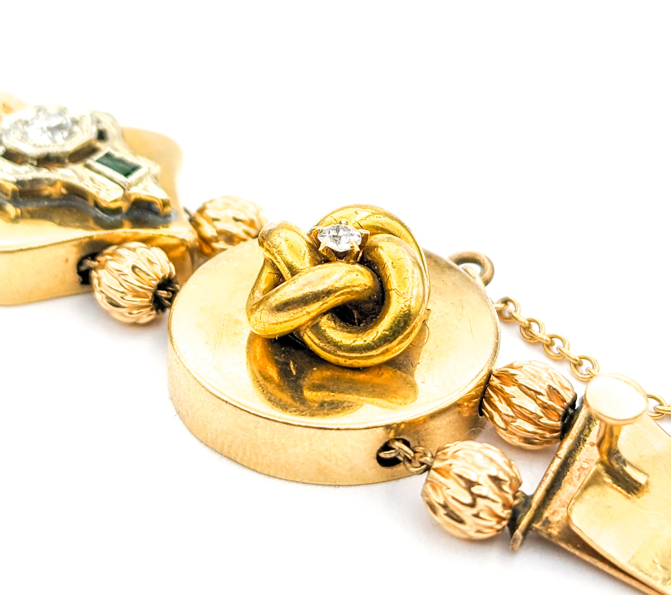 Taille ronde Bracelet de pierres précieuses en or jaune, diamants, émeraudes, rubis et perles, Stick Pin Slide en vente