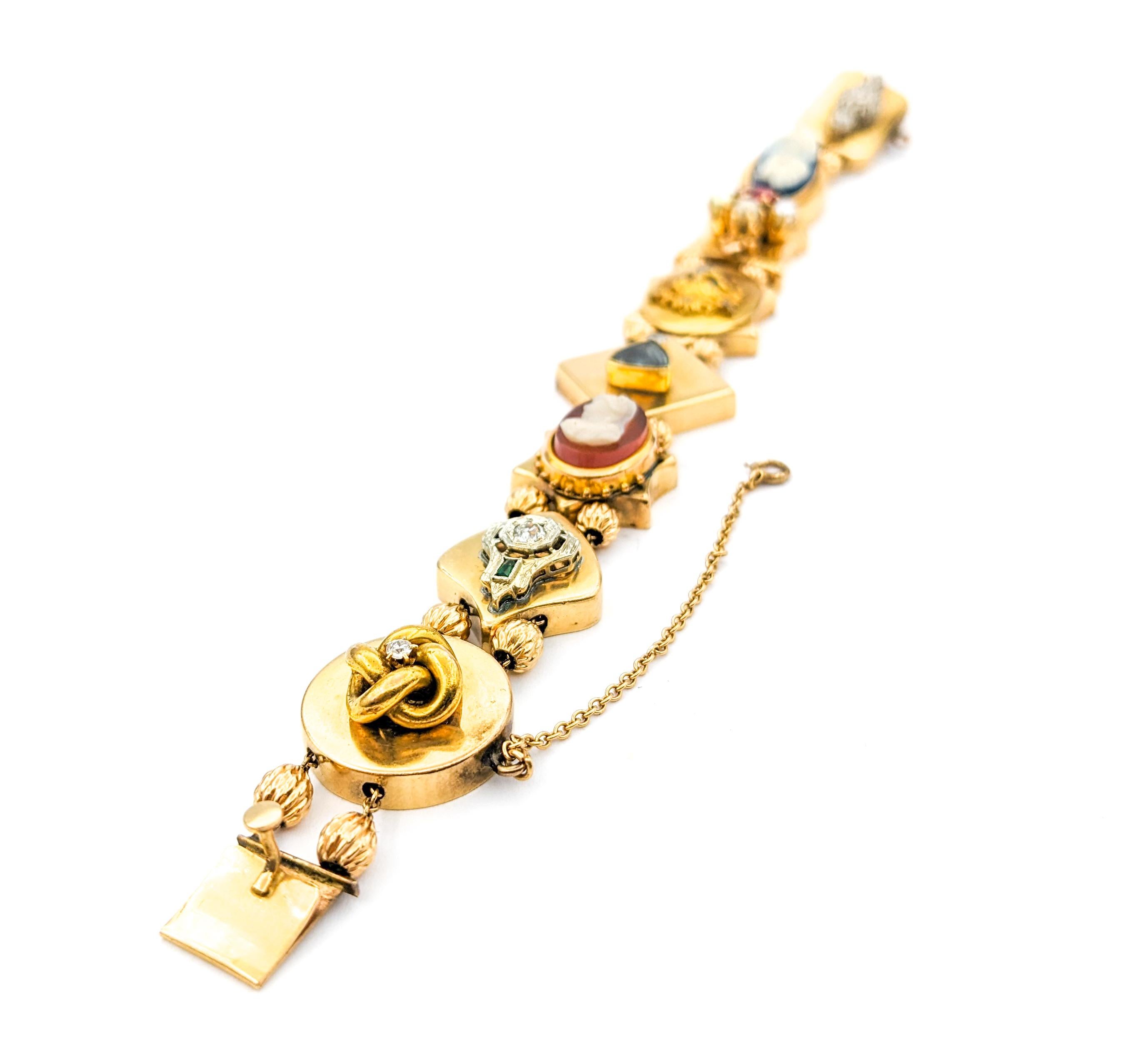Stick Pin Slide Diamond & Emerald, Ruby, and Pearl Gems Bracelet In Yellow Gold For Sale 2