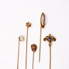 STICK PINS 1880-1915 Antique Mixed Group Of 5 In 14Kt-18Kt Gold With Gemstones
