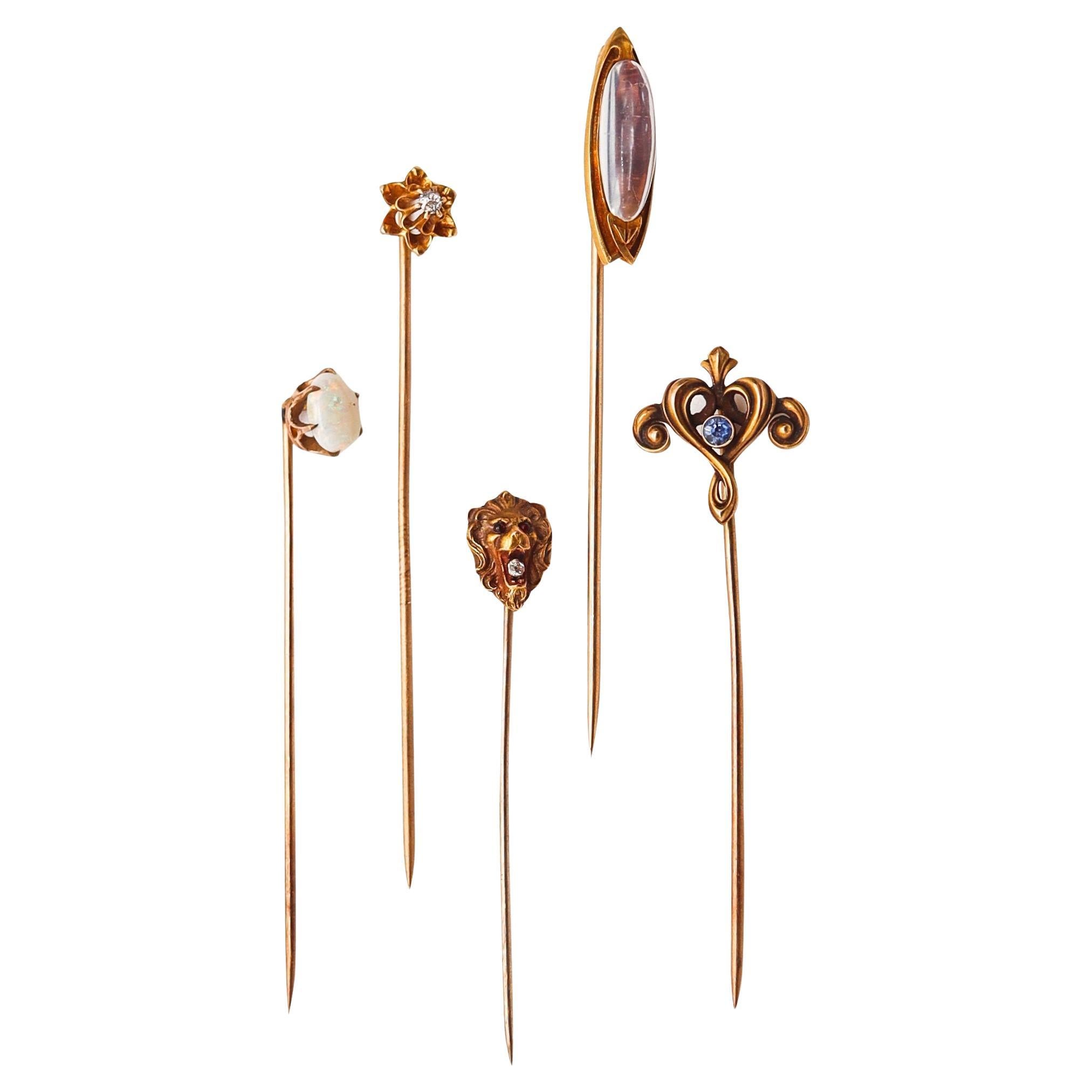 STICK PINS 1880-1915 Antike gemischte Gruppe von 5 in 14Kt-18Kt Gold mit Edelsteinen