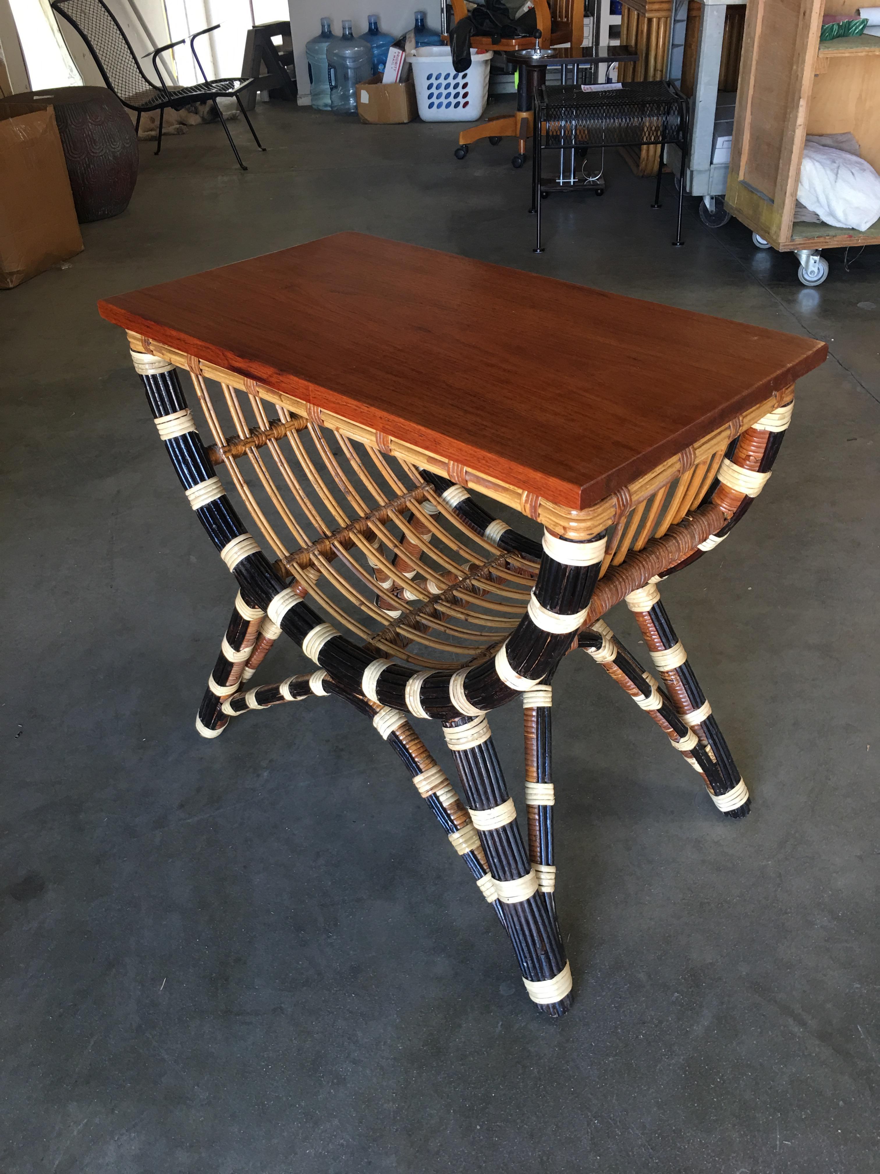 Stick Rattan Albini Style Stripe Side Table with Mahogany Top In Excellent Condition In Van Nuys, CA