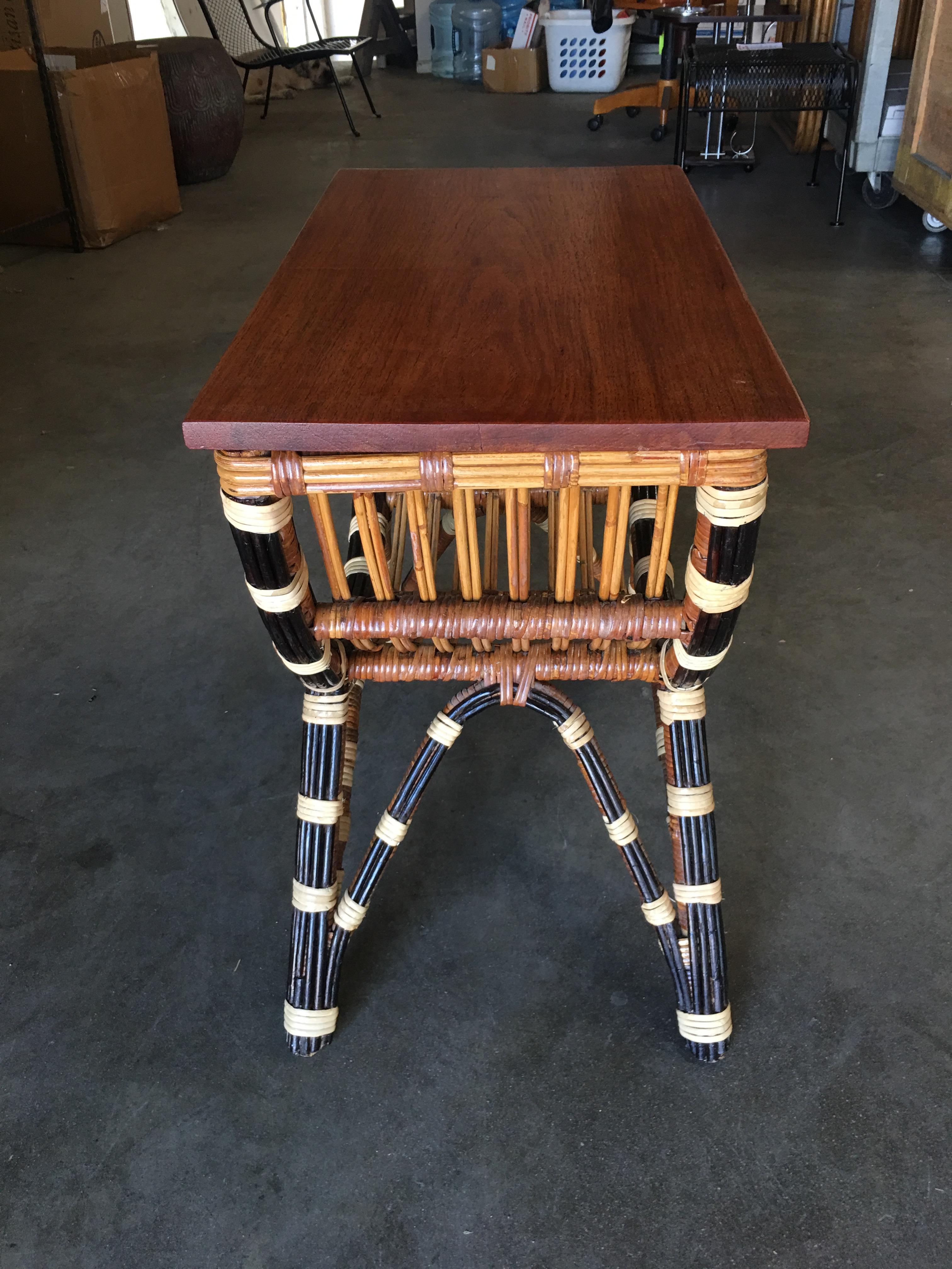Mid-20th Century Stick Rattan Albini Style Stripe Side Table with Mahogany Top