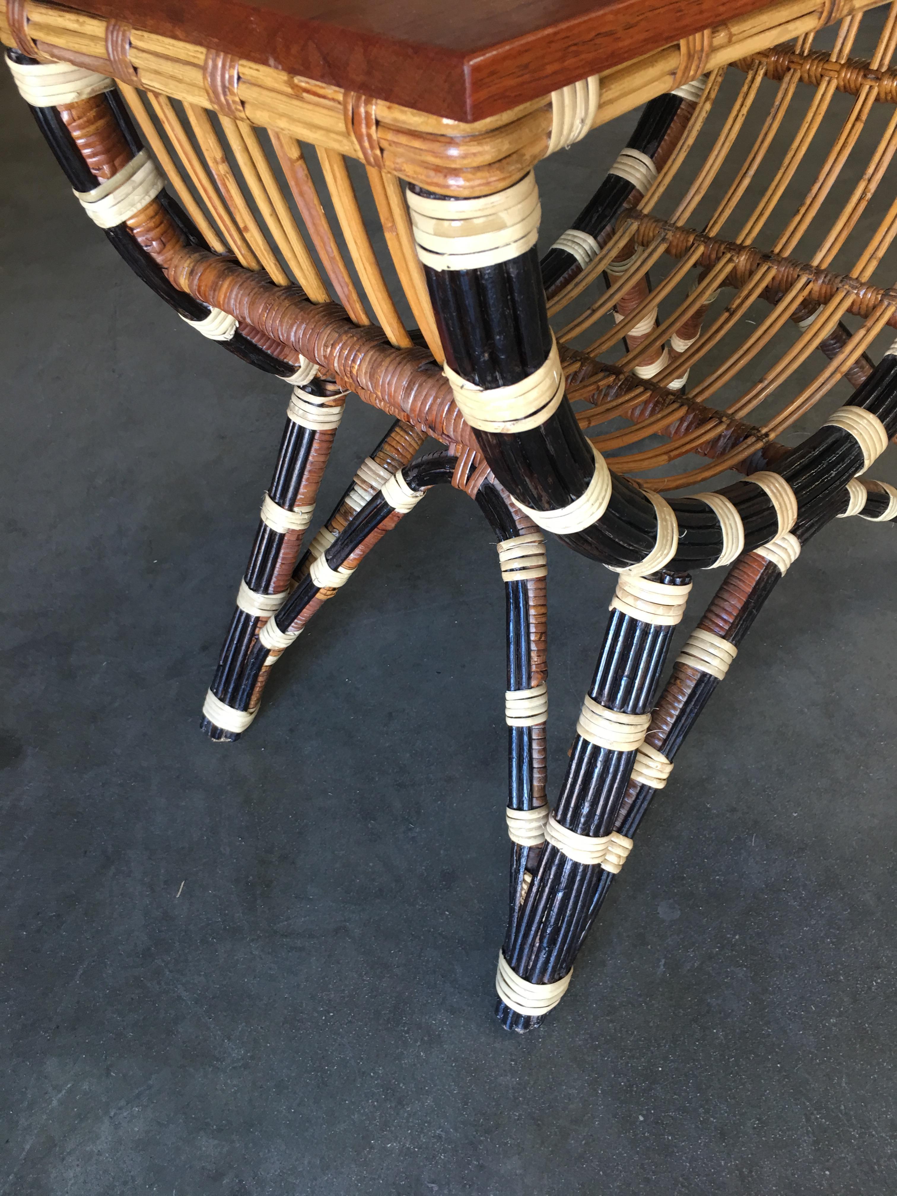 Wicker Stick Rattan Albini Style Stripe Side Table with Mahogany Top