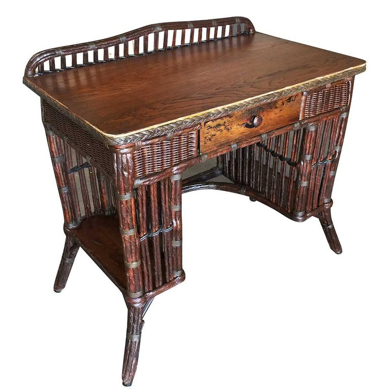 Red Stick Rattan And Mahogany Secretary Desk With Side Shelving