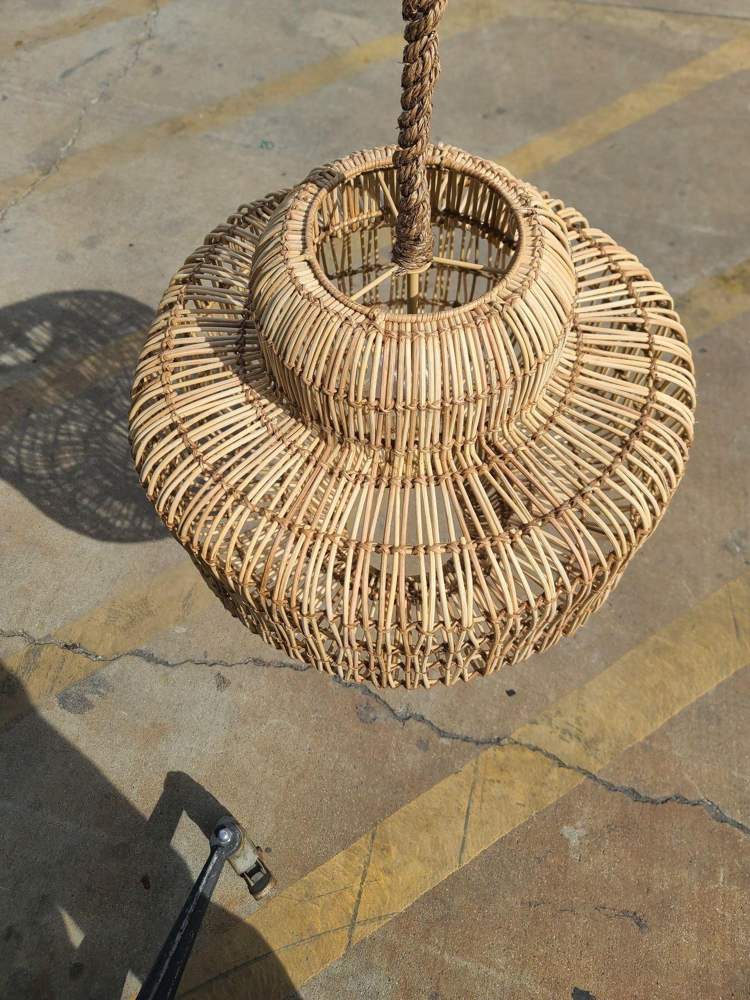 Stick Rattan Hanging Ceiling Lamp with Bamboo Rope Cord In Excellent Condition In Van Nuys, CA