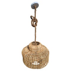 Vintage Stick Reed Rattan Hanging Ceiling Lamp w/ Bamboo Rope Cord