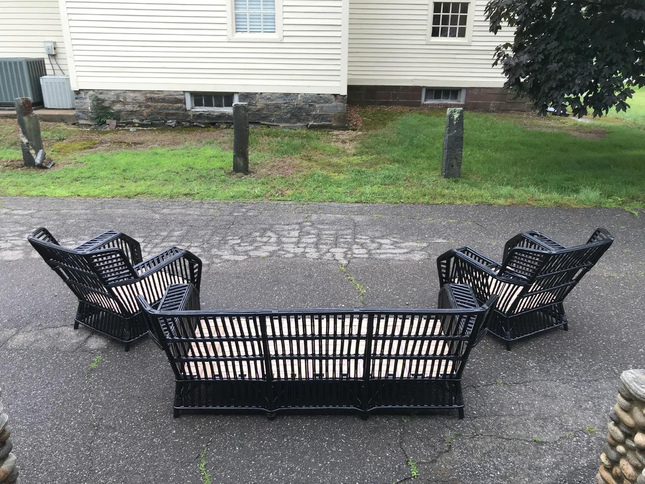 Stick Rattan Porch Set with Chevron Skirt In Good Condition In Old Saybrook, CT