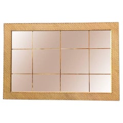 Stick Rattan Rectangle Rattan Peach Glass Mirror with Brass Nail Head Accents