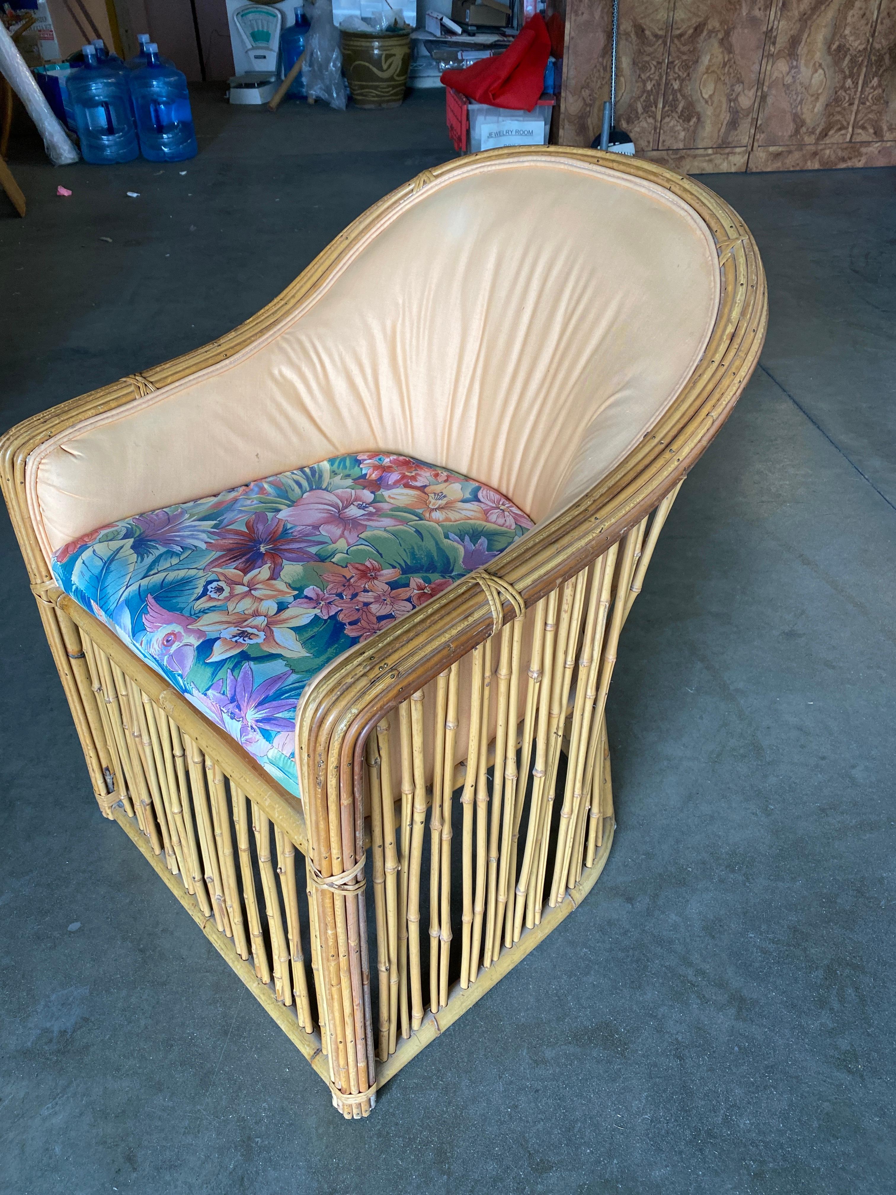 Stick Rattan Spindle Barrel Dining Arm Chair, Four Set In Excellent Condition In Van Nuys, CA