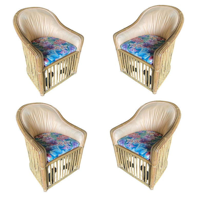 Stick Rattan Spindle Barrel Dining Arm Chair, Four Set For Sale at 1stDibs