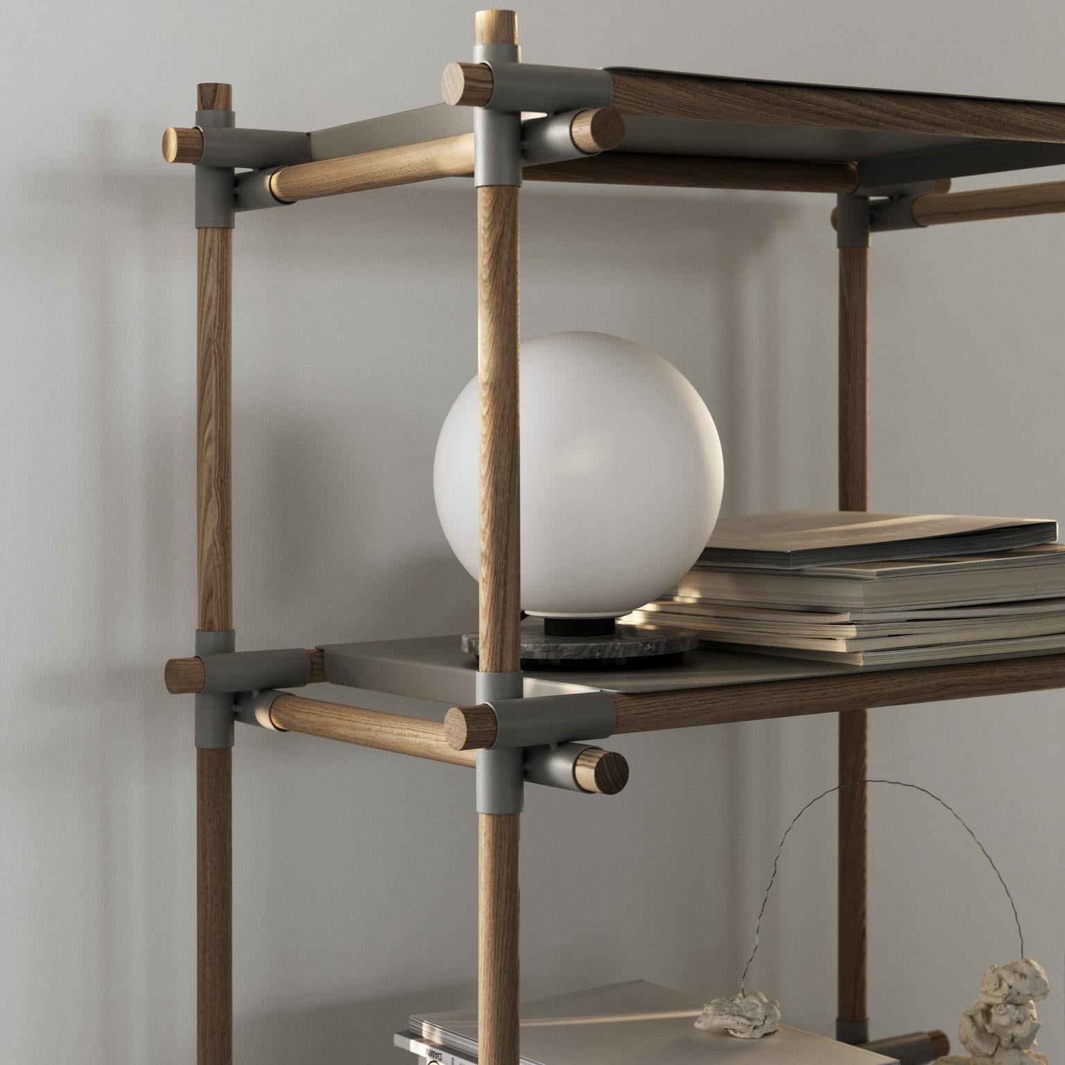 Scandinavian Modern Stick System, Light Grey Ash Shelves with Light Grey Poles, 1 x 3 For Sale