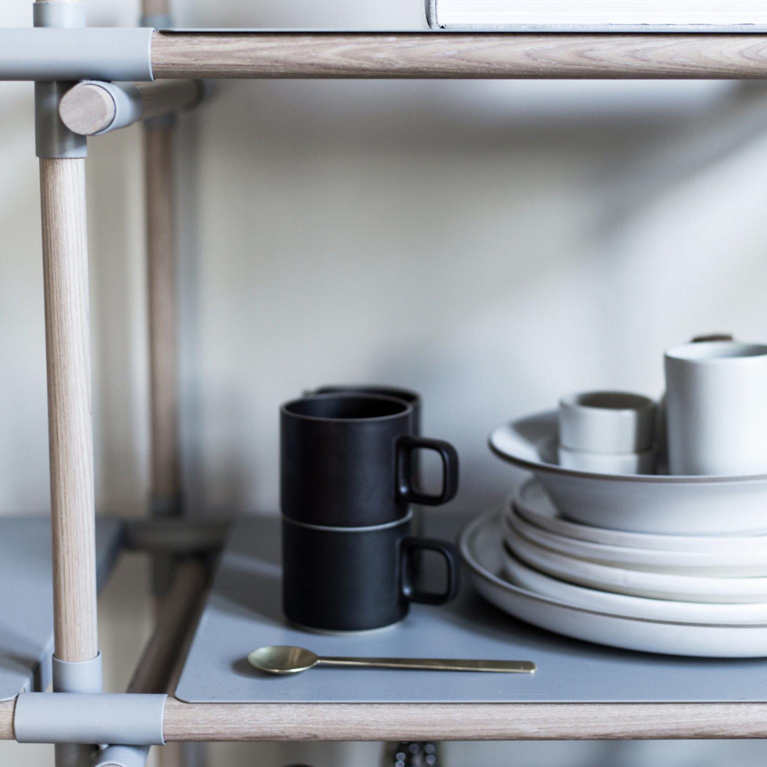 Scandinavian Modern Stick System, Light Grey Ash Shelves with Light Grey Poles, 1 x 4 For Sale