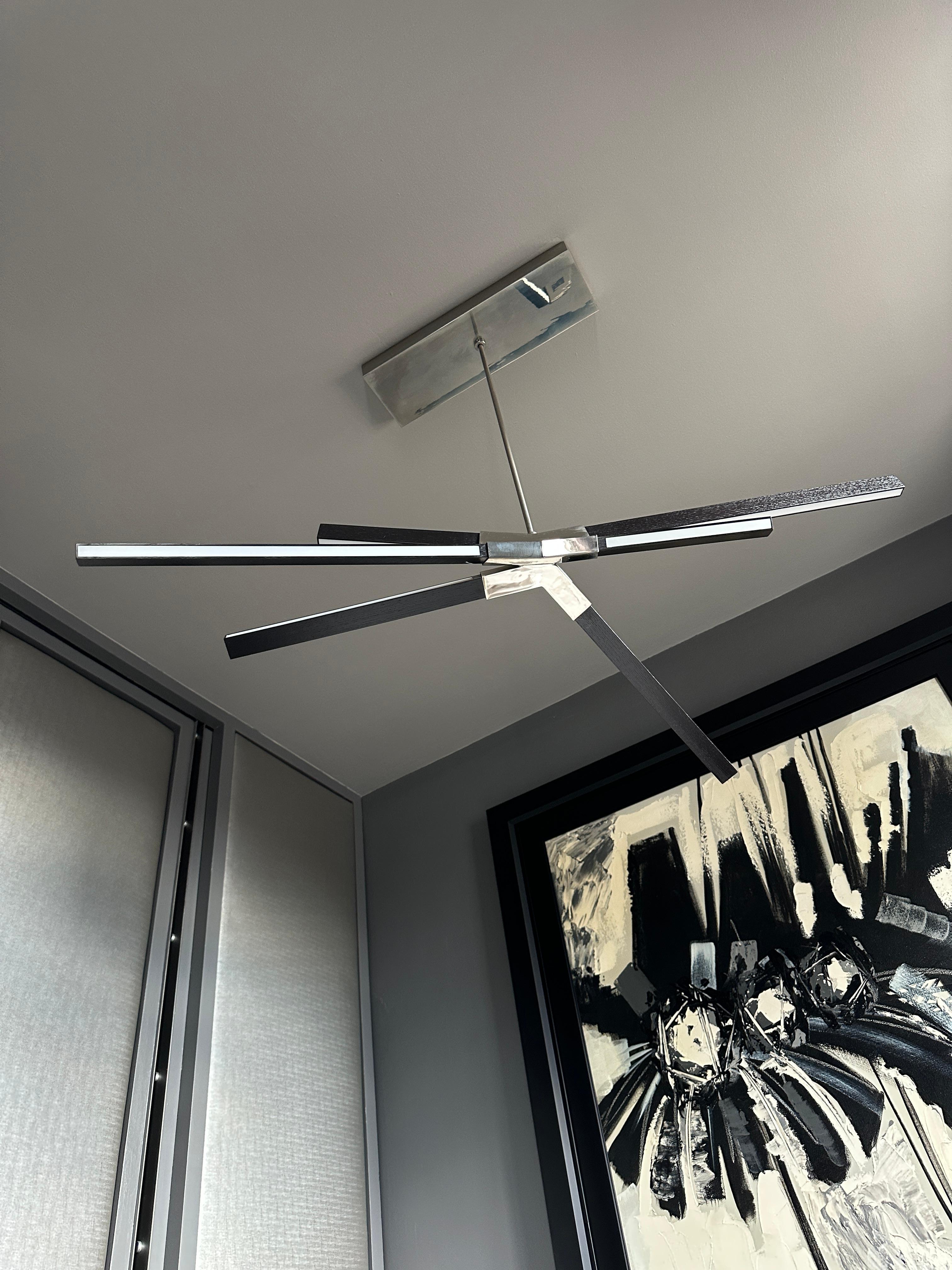 Questo lampadario Sky Bang di medie dimensioni è uno straordinario lampadario a sospensione che combina il calore del rovere ebanizzato con l'eleganza del nichel lucido. Il design è caratterizzato da sei lampadine LED lineari che si irradiano da un