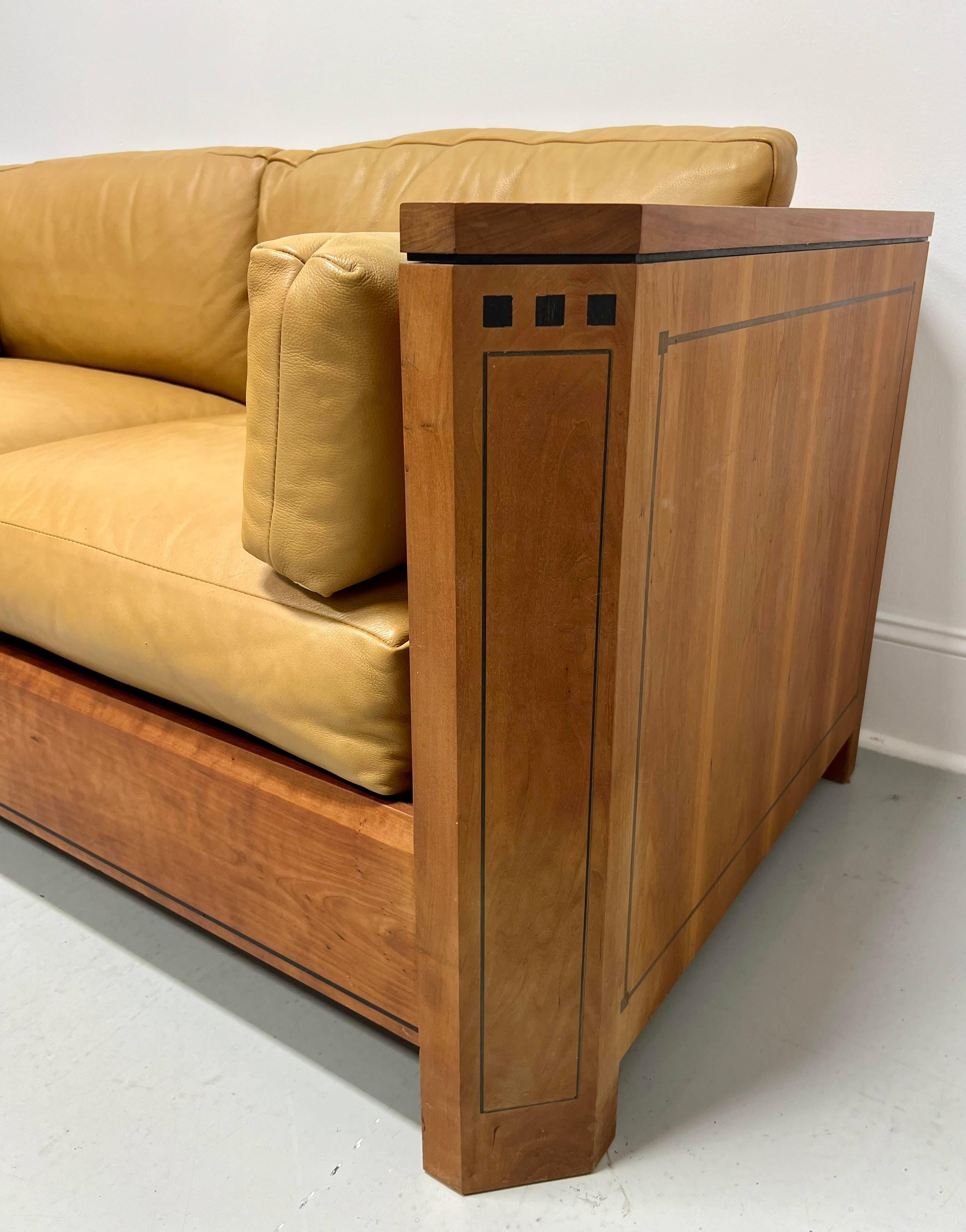 STICKLEY 21st Century Collection Cherry Inlaid Ebony Mission Leather Loveseat In Fair Condition In Charlotte, NC