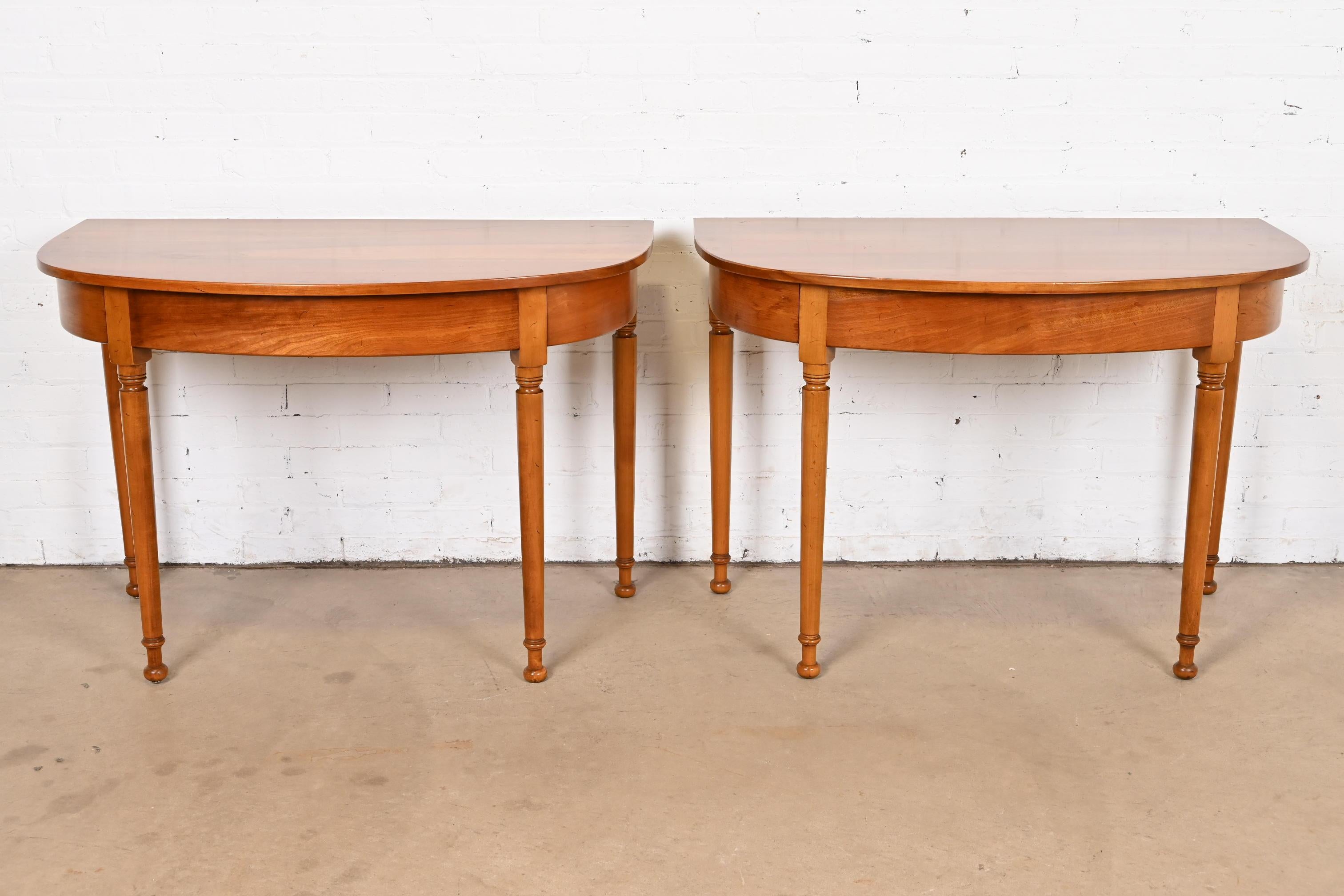 Stickley American Colonial Carved Cherry Wood Demilune Consoles or Entry Tables In Good Condition For Sale In South Bend, IN