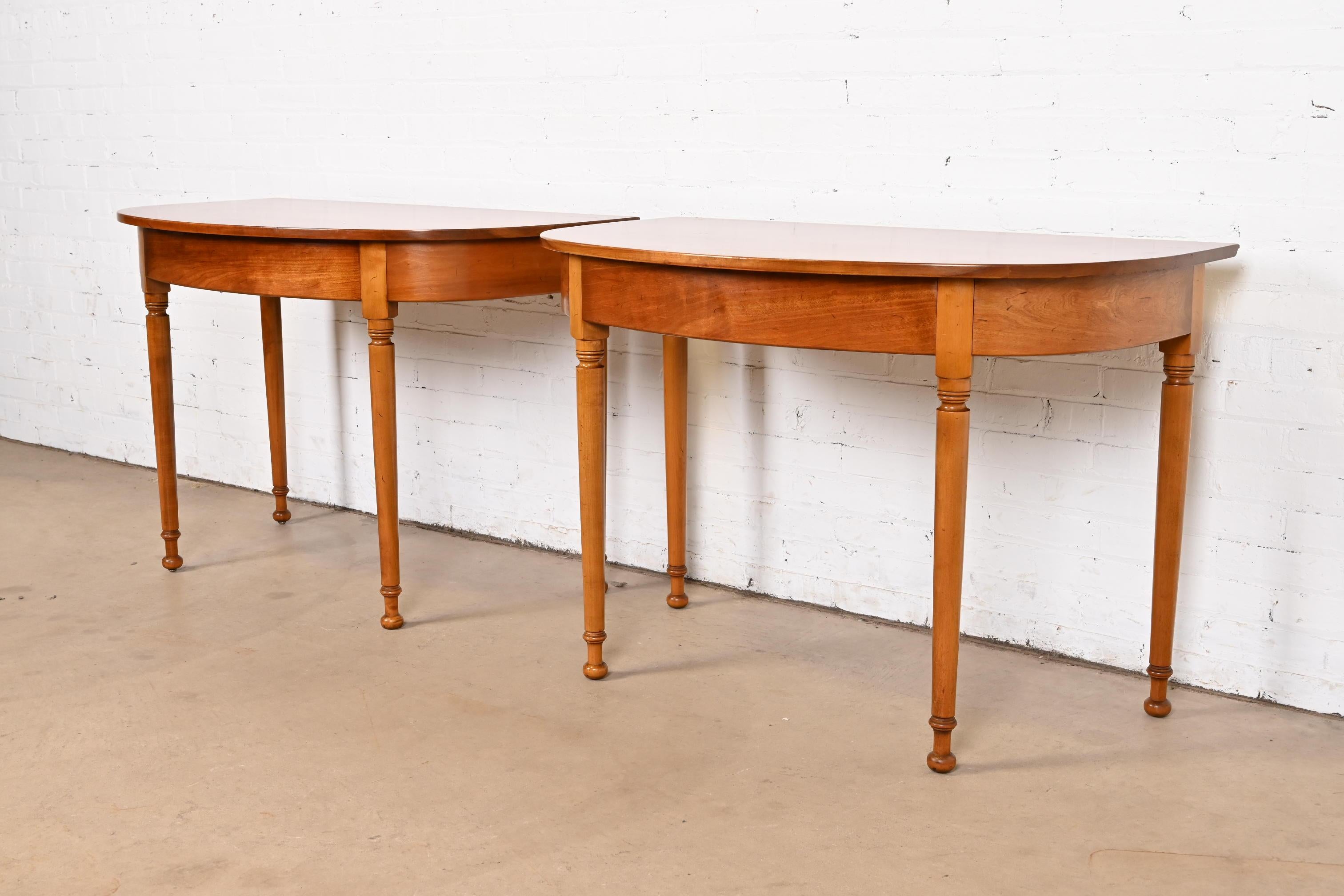 Mid-20th Century Stickley American Colonial Carved Cherry Wood Demilune Consoles or Entry Tables For Sale