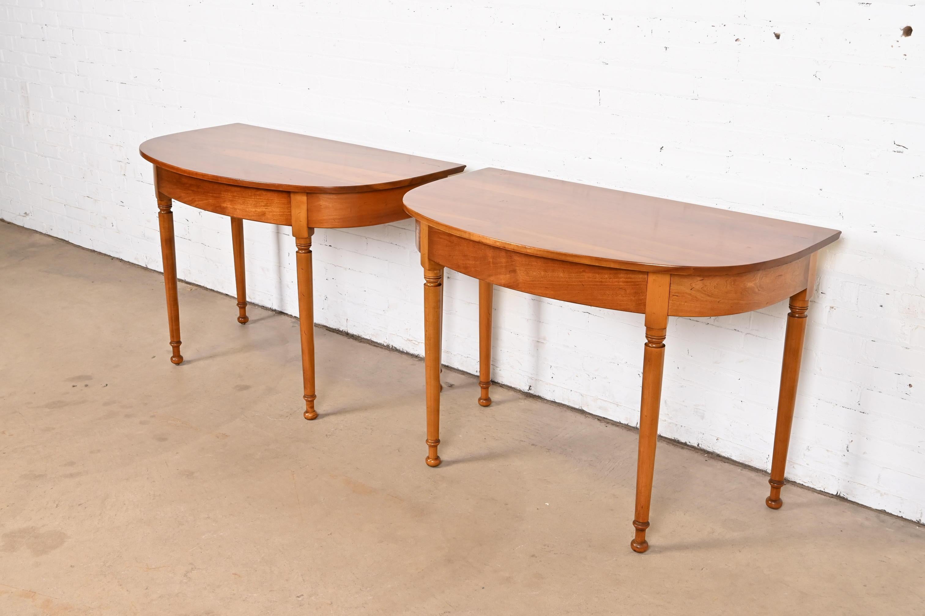 Stickley American Colonial Carved Cherry Wood Demilune Consoles or Entry Tables For Sale 1