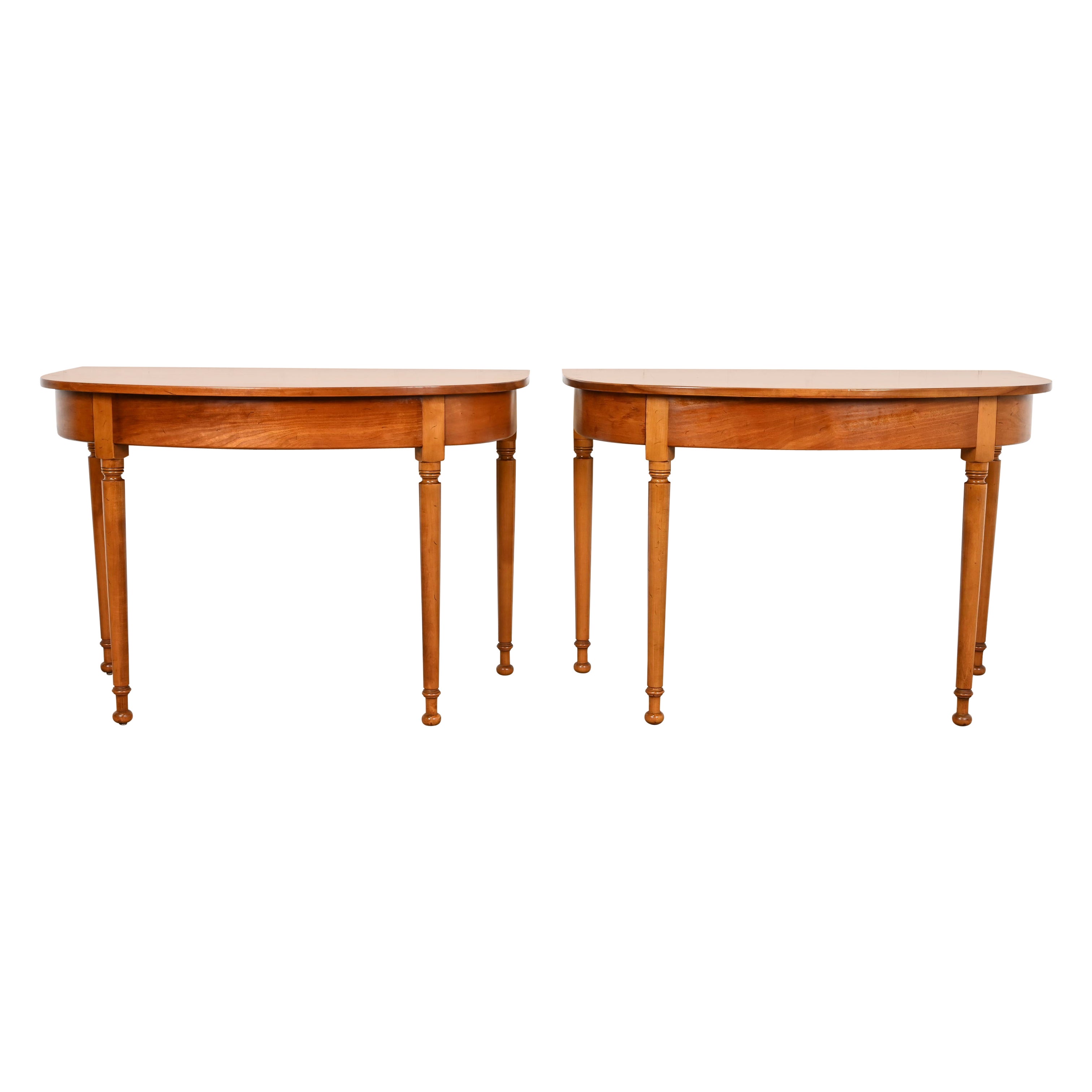 Stickley American Colonial Carved Cherry Wood Demilune Consoles or Entry Tables
