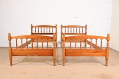 Stickley American Colonial Carved Cherry Wood Twin Size Spindle Beds, Pair