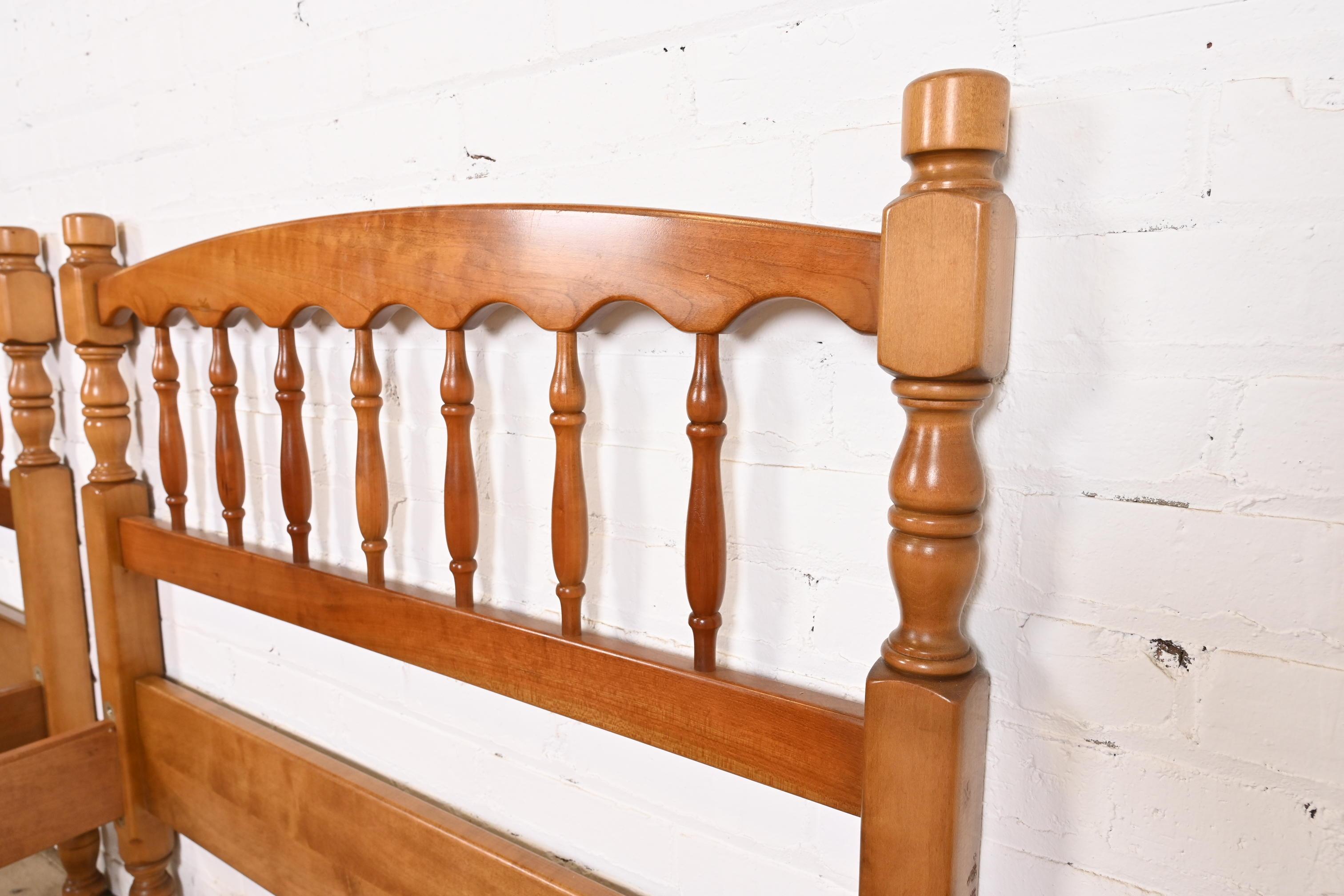 Stickley American Colonial Carved Cherry Wood Twin Size Spindle Beds, Pair 3