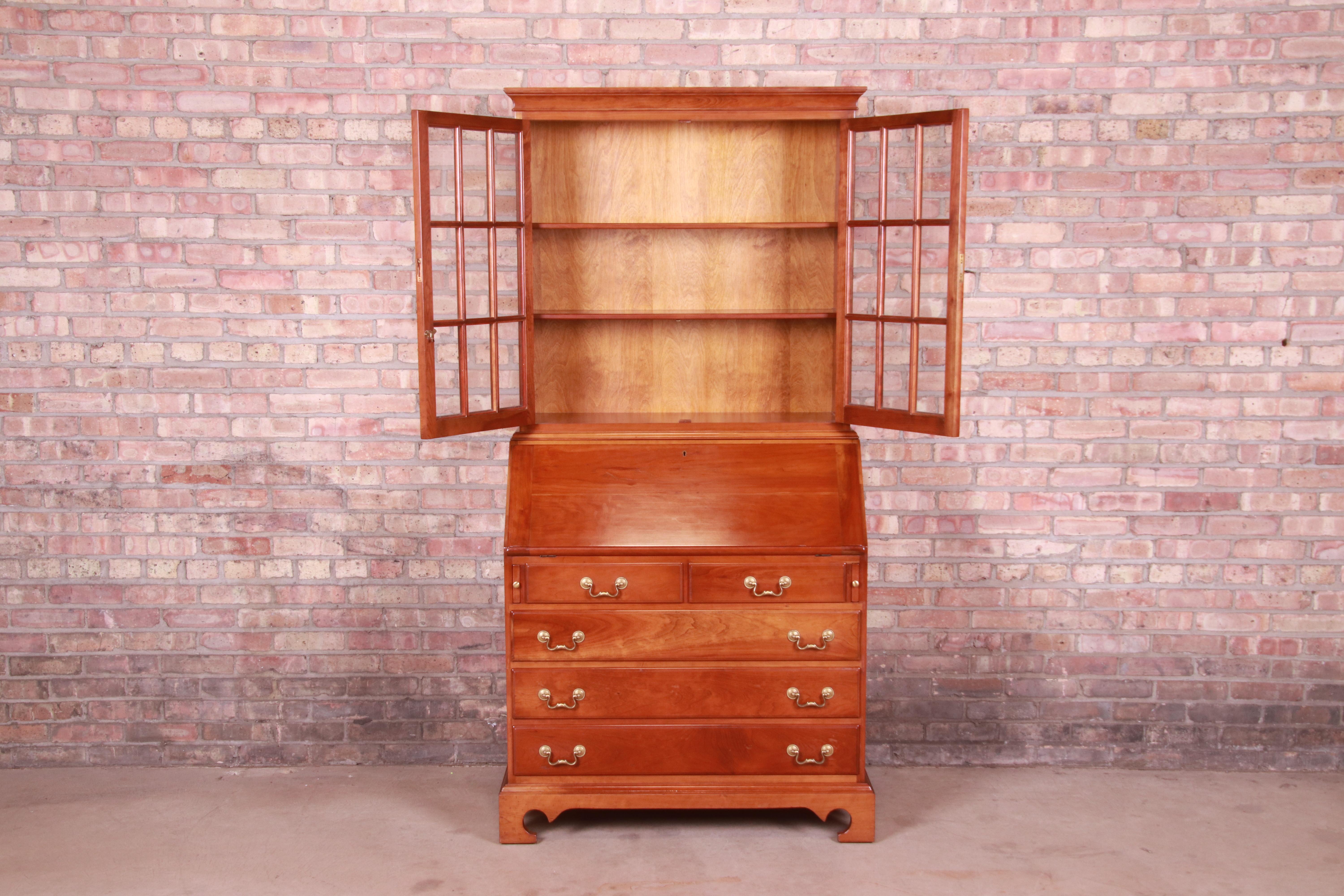 Brass Stickley American Colonial Cherry Drop Front Secretary Desk with Bookcase, 1960s
