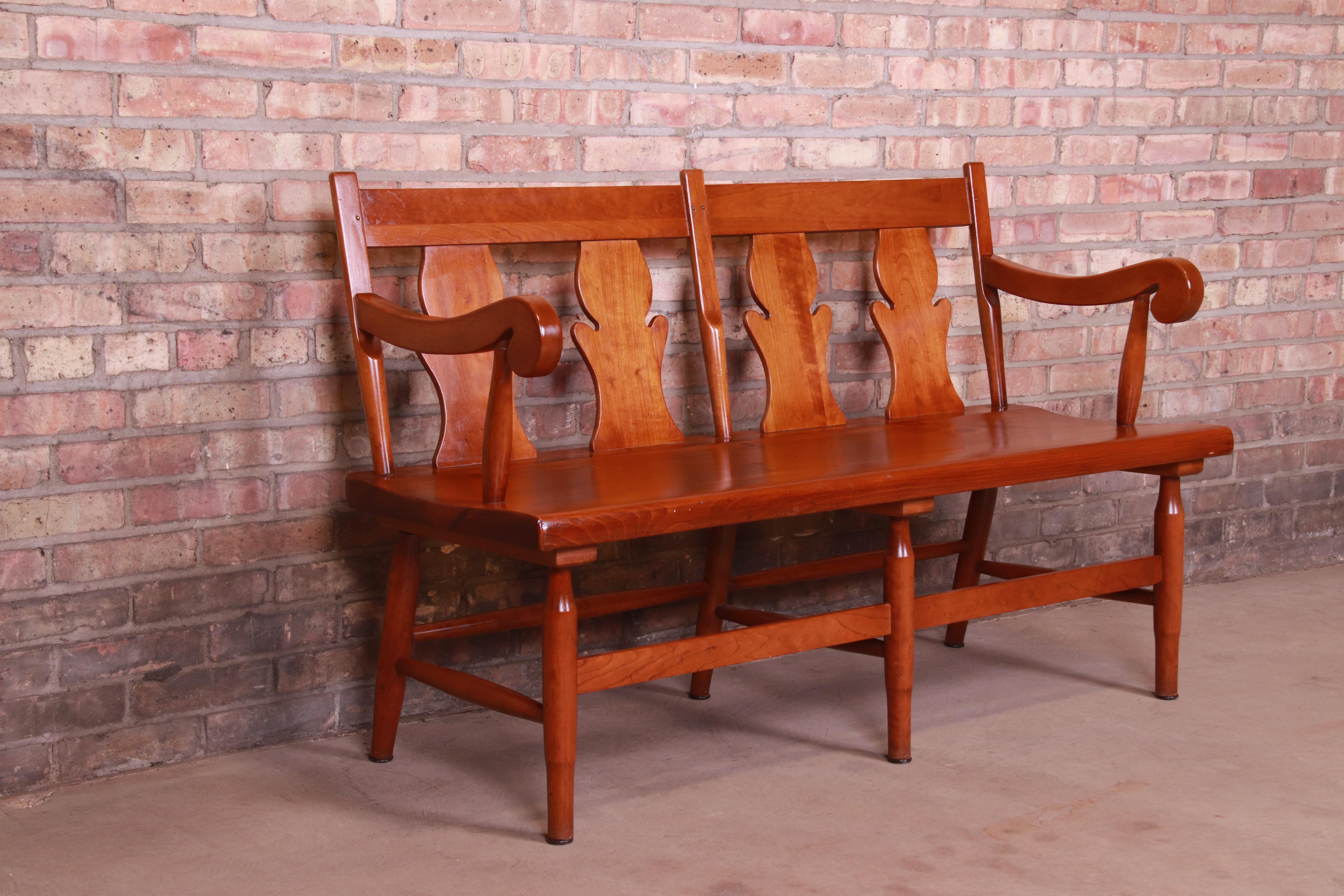 20th Century Stickley American Colonial Cherry Wood Fiddle Back Bench or Settee, Circa 1950s